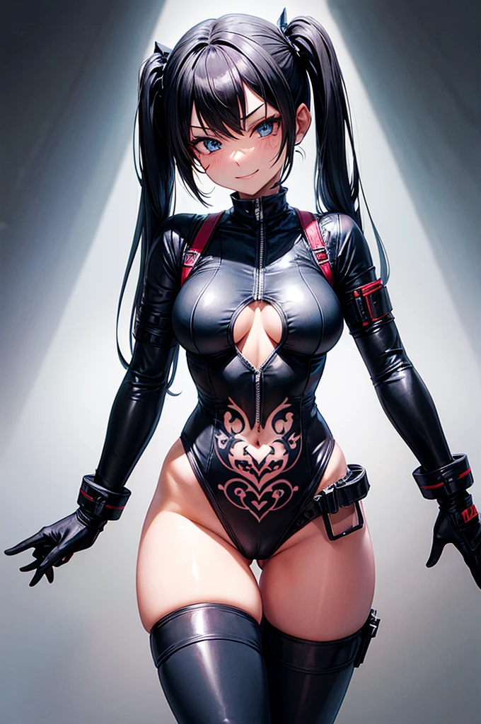 1girl,bodysuit,twintail,armordress,glove,smirk,crotch tattoo, stomach_tatoo, womb tattoo,