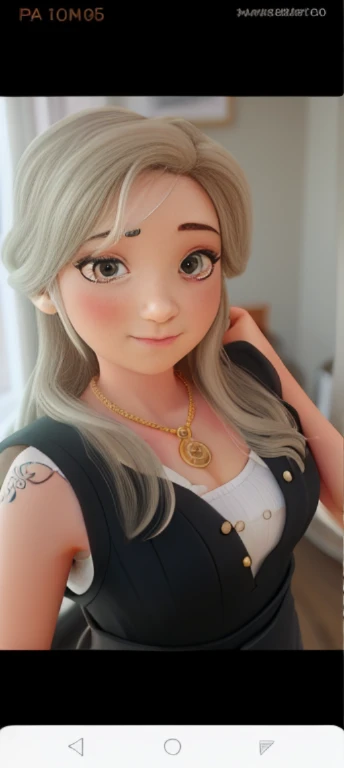 Uma mulher loira, com vestido preto longo com decote na frente sem sutia, with a women's gold chain with coin pendant, com baton vermelho, idade de 40 anos ,uma tatuagem pequena no ombro esquerdo , , olhos castanhos claros, with a small mark on the forehead from birth
