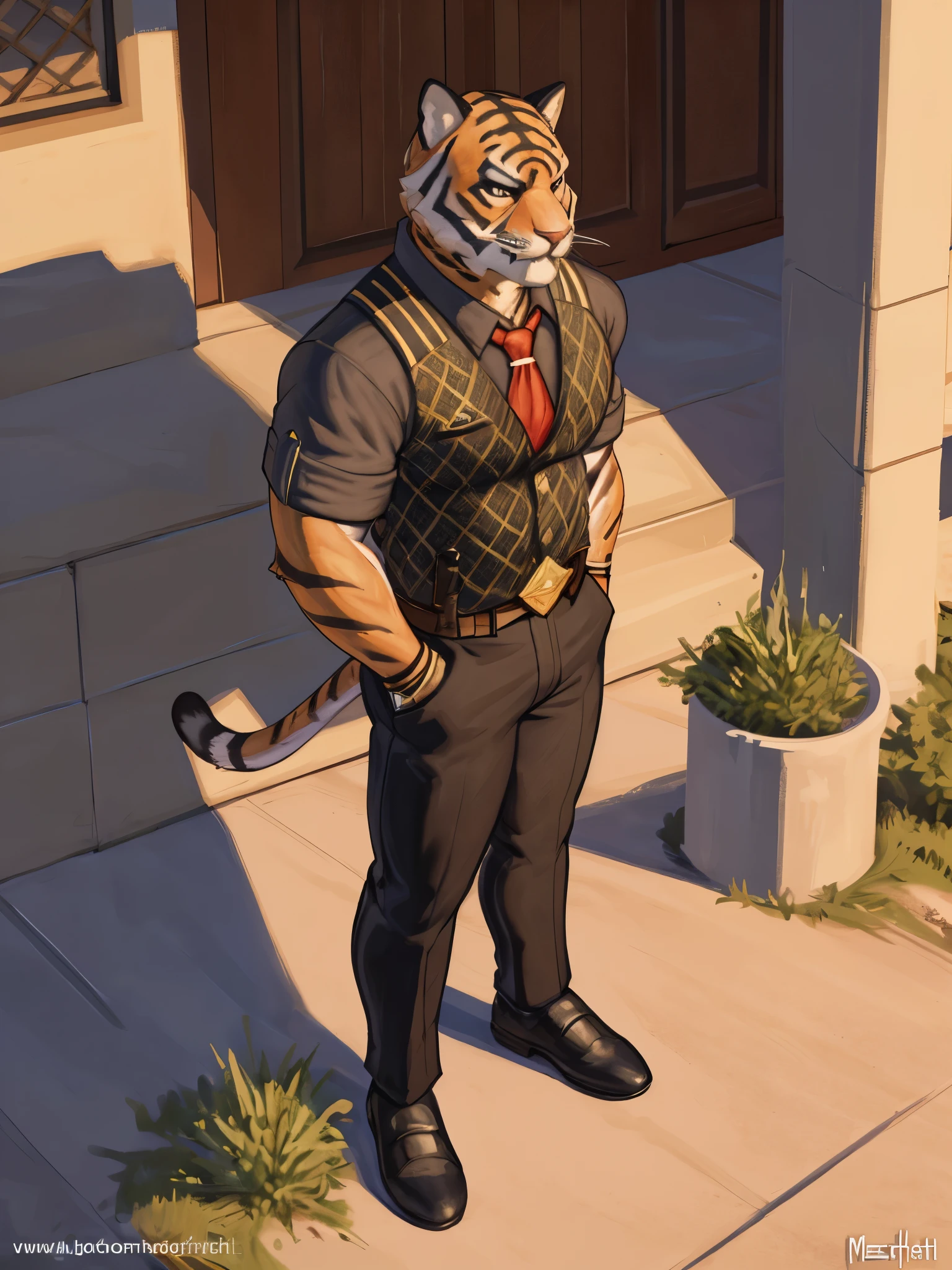 ((by Zackary911, by Meesh, by Meesh, best quality, masterpiece, perfect anatomy, detailed picture)), 1male, Bengal Tiger, Oscar (Fortnite), skinny muscle, adult, yellow sclera, black eyes, orange furs, black stripes, tail, black vest, gray bottom undershirt, red tie, black pants, social shoes, in the in the streets 