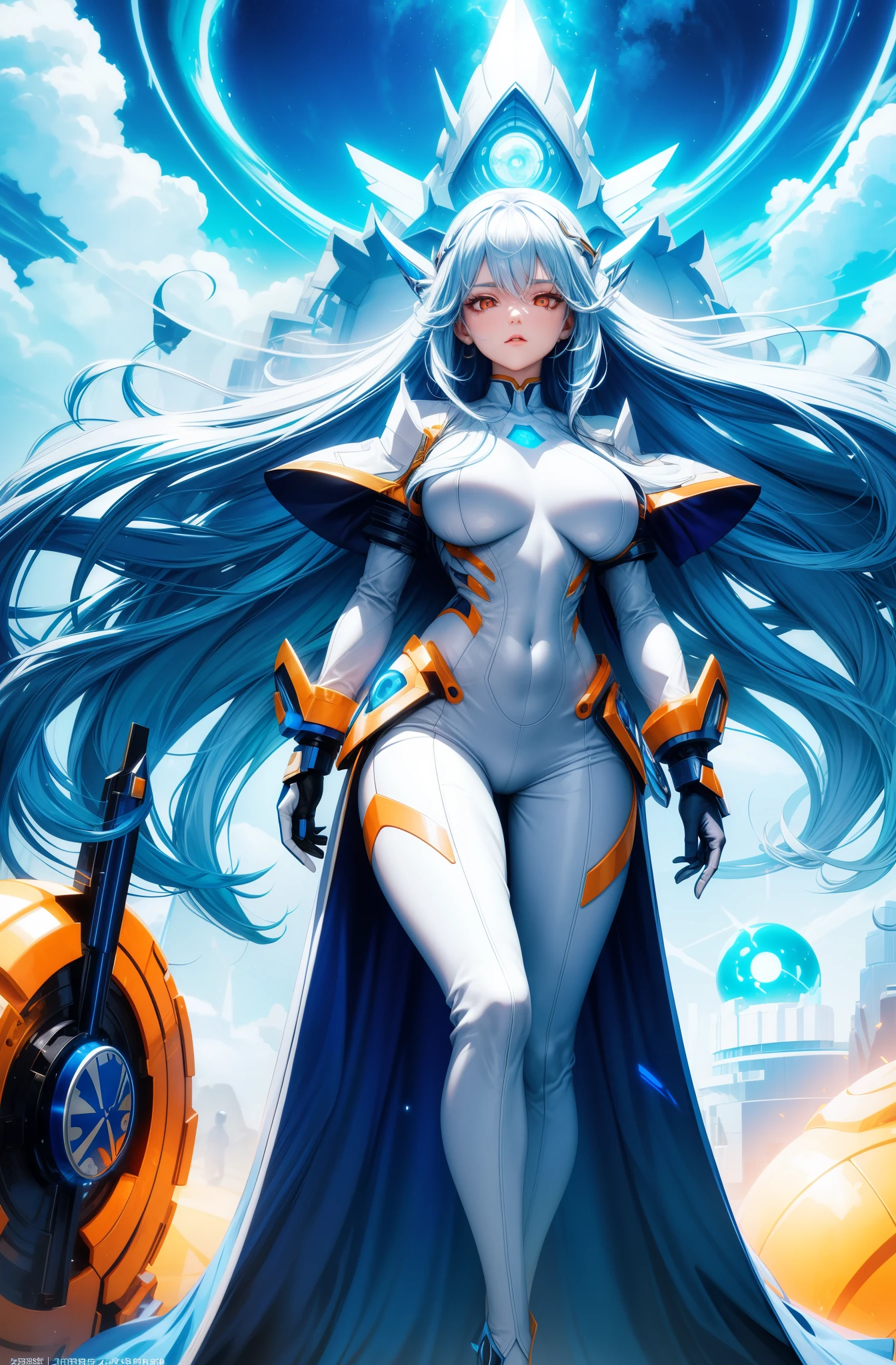 woman white suit, standing, Super powerful bright blue effects, long white hair, busty, white suit, bright orange eyes, woman, adult [futuristic dome]