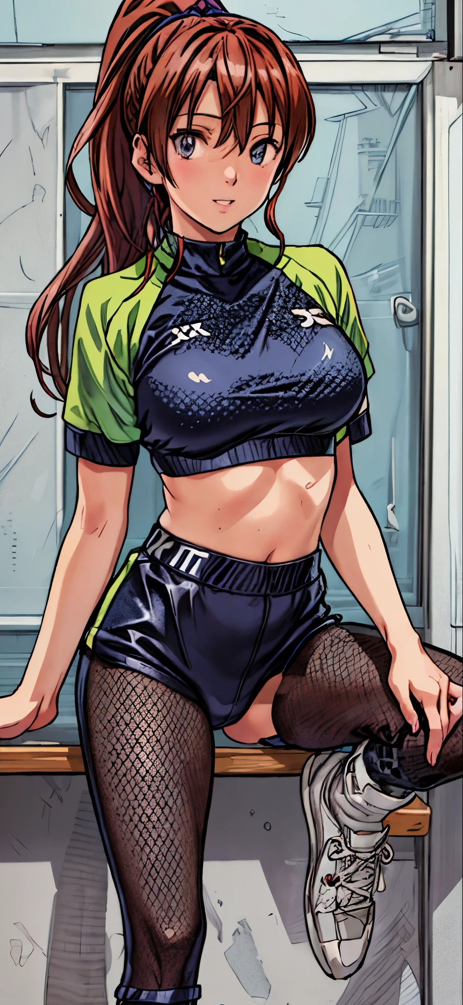 (highest quality,4K,8K,High resolution,table top:1.2), Super detailed, (realistic,photorealistic,photo-realistic:1.37), beautiful girl, (grin and laugh),((caramel hair color)),((medium long hair)),((ponytail hairstyle)), ((messy hair)),((hair covers eyes)),((Jersey jacket))((sports bra and black leggings)), spread your legs,((Blue Socks)),(sneakers),espadrilles,beautiful and detailed eyes, beautiful detailed lips, highly detailed eyes and face, long eyelashes, realistic anime 3D style, Smooth anime CG art, Digital rendering by Makoto Shinkai, Moe anime art style, photorealistic rendering of an anime girl, Shinkai Makoto style, Cute anime girl visuals, realistic young anime girl, girl fan art, Created by Anime Artist&#39;studio of.