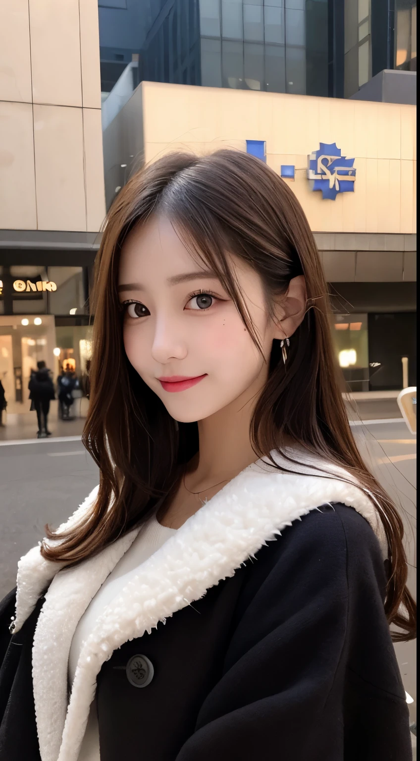 table top, highest quality, figure, super detailed, finely, High resolution, 8k wallpaper, 完璧なダイナミックな構figure, beautiful and fine eyes, Gorgeous black fluffy Tokyo winter clothes,ランダムなcute髪,,natural color lip, bold sexy pose,smile、20 year old girl、cute、sexy shot looking at camera,Always blur the background,perfect and beautiful face,Take only the face,beautiful and detailed face、slim face and style,Big eyes、Do gal makeup,small face,Wearing a luxury brand mink coat
