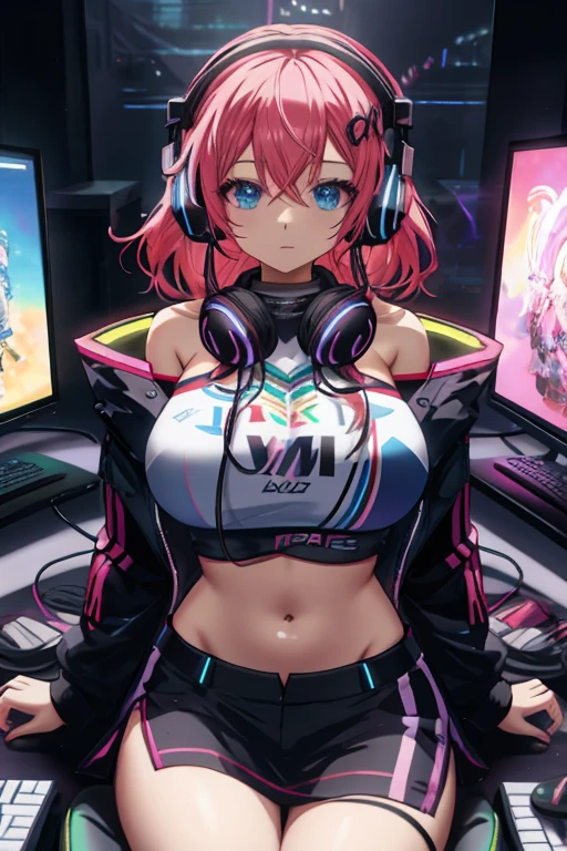 rgb, anime, woman, keyboard, gamer, midriff, bandeau, huge breasts, headphones, fcHeatPortrait
