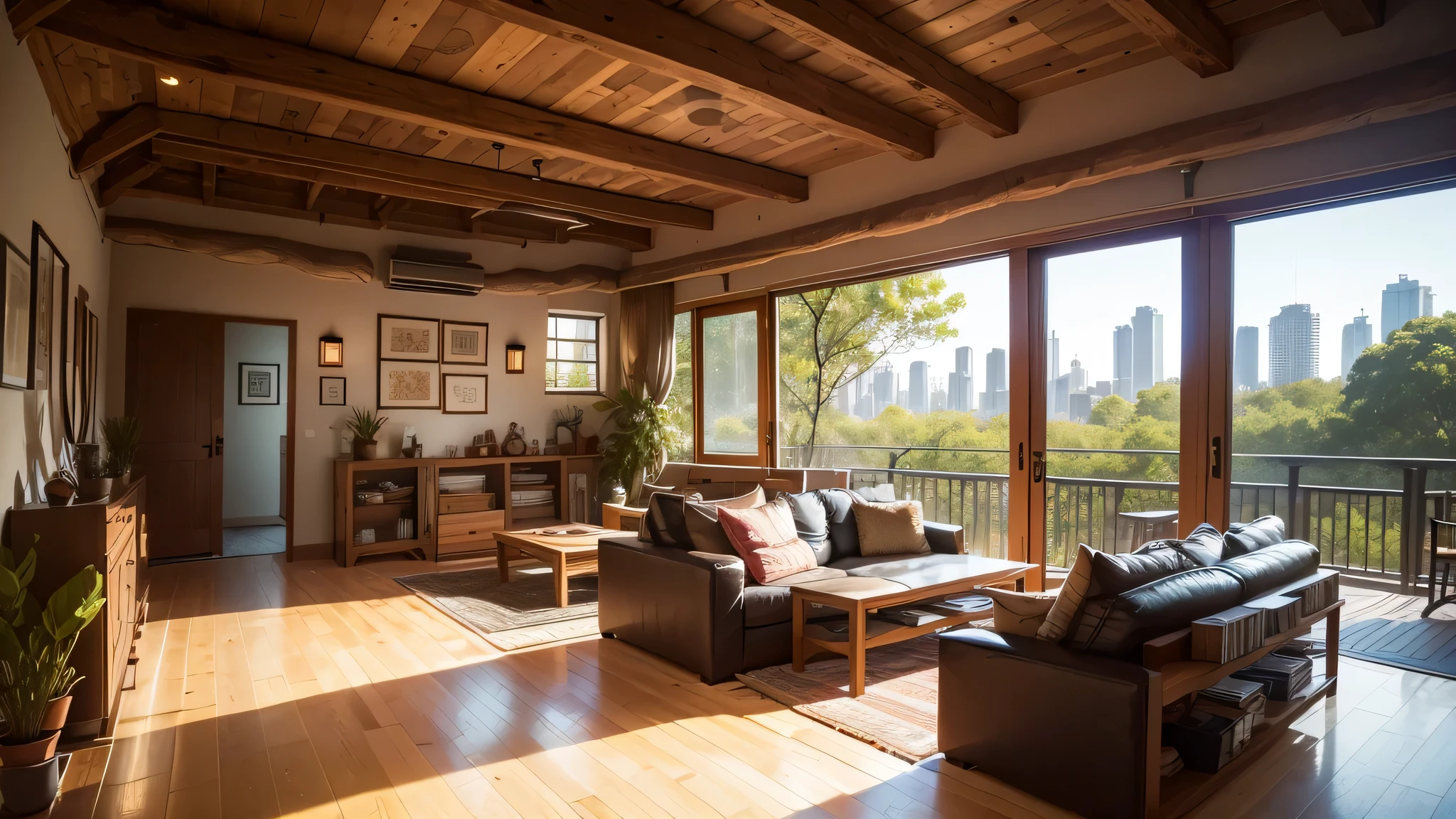 In the heart of the urban jungle, nestled amongst towering modern buildings, lies a hidden boho-chic mini home concept. This upper level abode, boasts a rustic charm that transports you to a serene oasis, far from the hustle and bustle below.
With large, wide-angle windows that offer a full view of the cityscape, the living area is bathed in natural light. Rustic wooden beams crisscross the ceiling, while the walls are adorned with bohemian tapestries and macrame hangings. The warm, earthy tones of the decor are reflected in the rich, organic textures of the furniture - think pl
