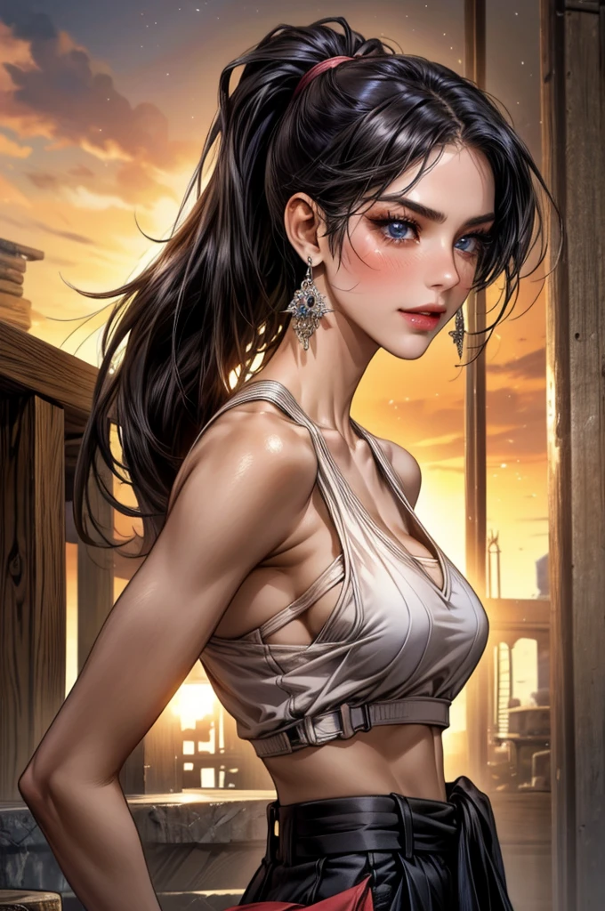 
1girl,a beautiful fashion model ,(masterpiece, detailed background, best quality), elegant makeup, hoop earrings, seductive smile, oral invitation, ear blush, full blush, 8k, super detail, ccurate, best quality, award winning, best quality, 1080P, 4K, textured skin, slutty outfit, abs, ((tan skin, shiny skin)), akali, long black hair, long ponytail, hair between eyes, blue eyes, girl wearing bikini top and shorts, visible thong straps slender, athletic, slim, big , smokey eyes