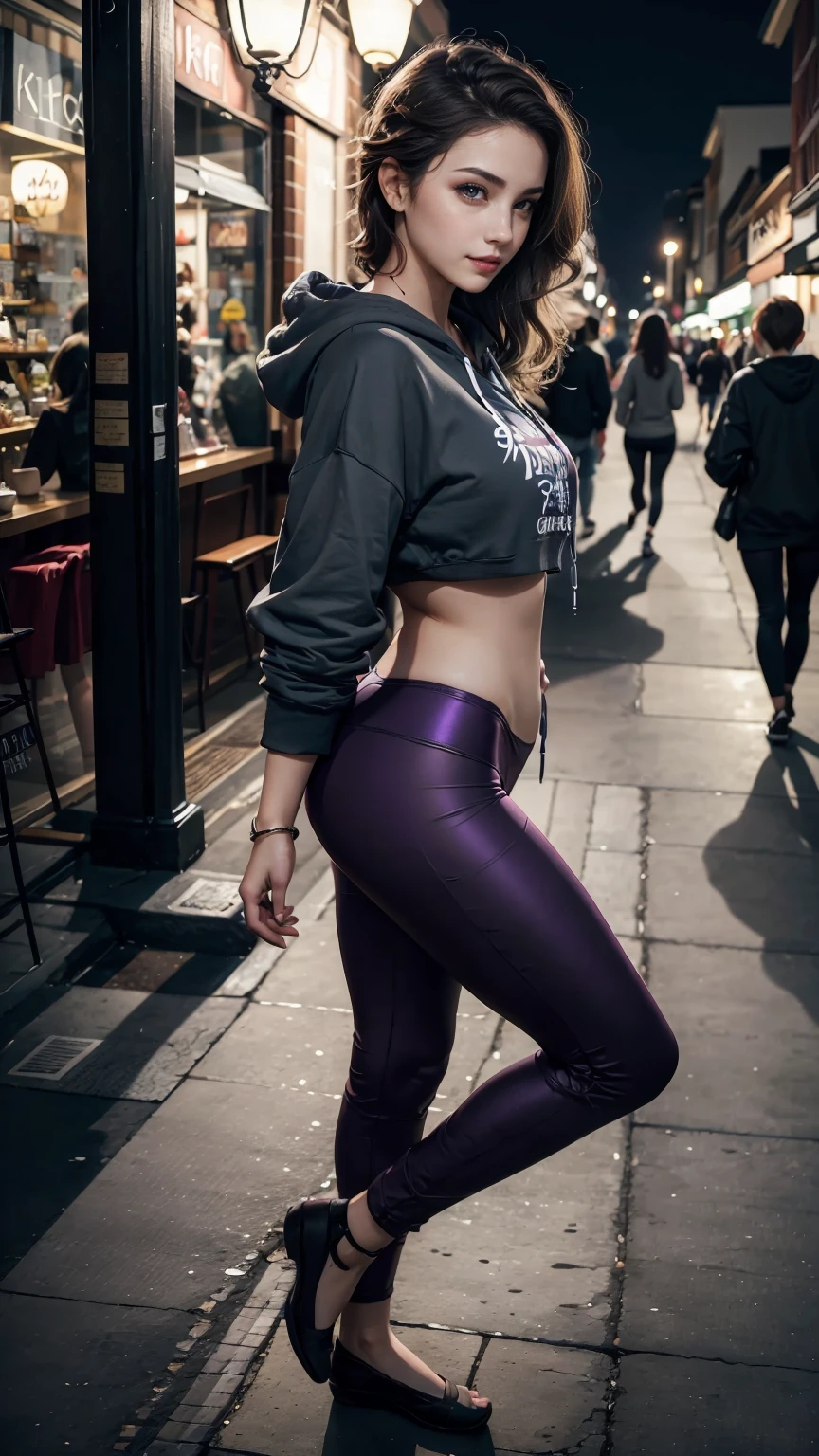 25 year old woman、Hair color is a gradation of brunette and purple、Eye color is blue、long hair、hair is wavy、setting the hairstyle、wearing eye shadow and lipstick、accessories on wrist、Slender but well-proportioned muscular body、Wearing a hoodie and covering the hood、I have my hand in my hoodie pocket.、Low-rise8I'm wearing cropped leggings、smile、Sitting on the ground in the downtown area at night