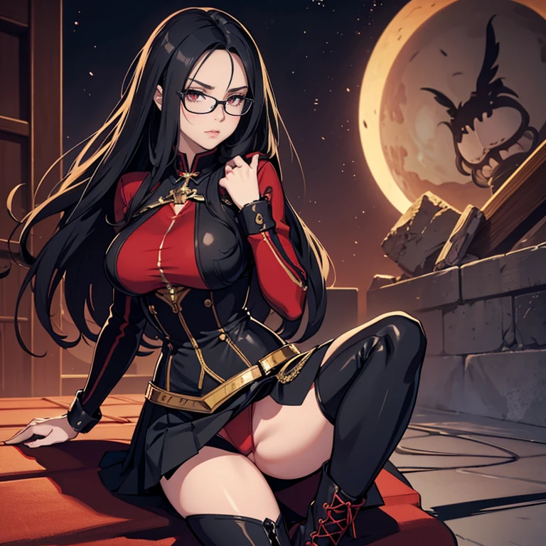 Mature woman, blood red eyes, long, straight, wavy black hair, huge breasts, black mini skirt, knee-high high-heeled boots, black tight-fitting blouse, serious face and prescription glasses ((high resolution)) ((better graphics)) ((hiper-realista)) ((olhos e corpo bem definidos)) ((cabelos bem definidos)) ((Pele oleosa))
