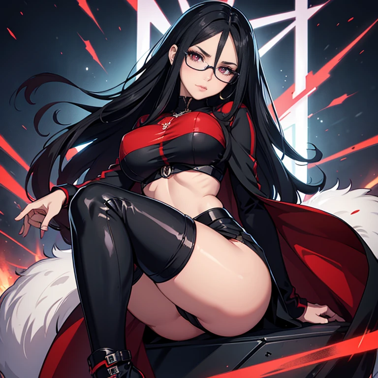 Mature woman, blood red eyes, long, straight, wavy black hair, huge breasts, black mini skirt, knee-high high-heeled boots, black tight-fitting blouse, serious face and prescription glasses ((high resolution)) ((better graphics)) ((hiper-realista)) ((olhos e corpo bem definidos)) ((cabelos bem definidos)) ((Pele oleosa))