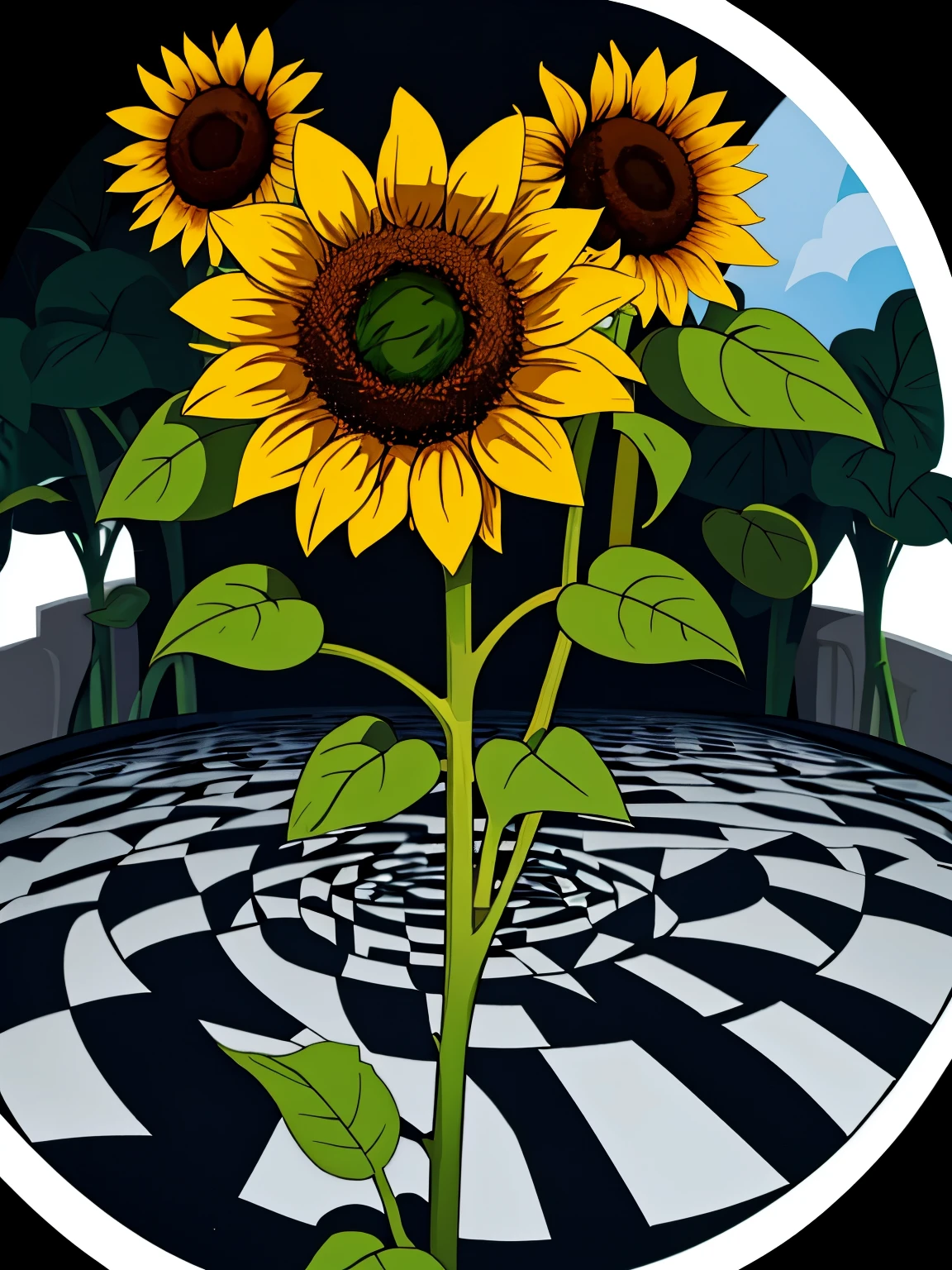 A sunflower plant with black and white circular optical illusions in the background 