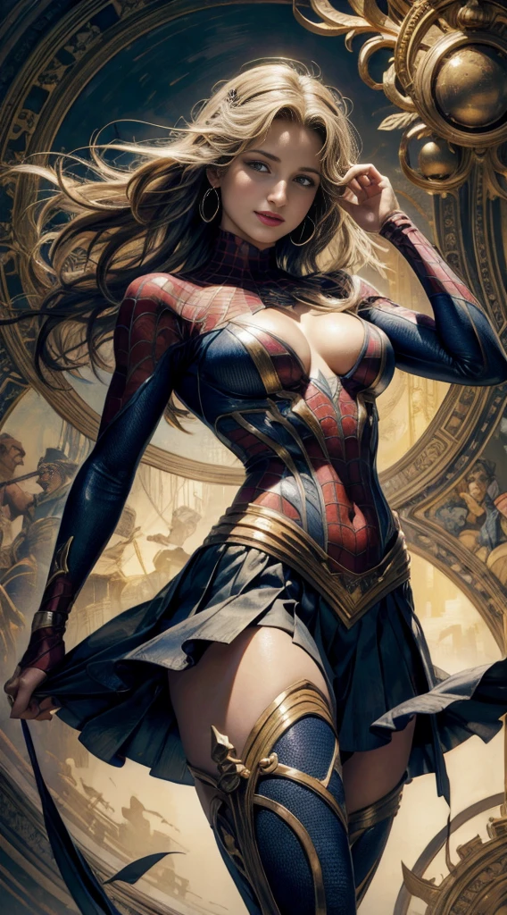 Diana Agron、Sticking out the navel、newyork、She wears a torn Spider-Man suit,wearing a skirt、abstract photorealistic、artistic、Alphonse Mucha's painting(masterpiece、highest quality、High resolution:1.4)、detailed、複雑なdetailed、In 4K、color splash、line drawing、fibonacci、