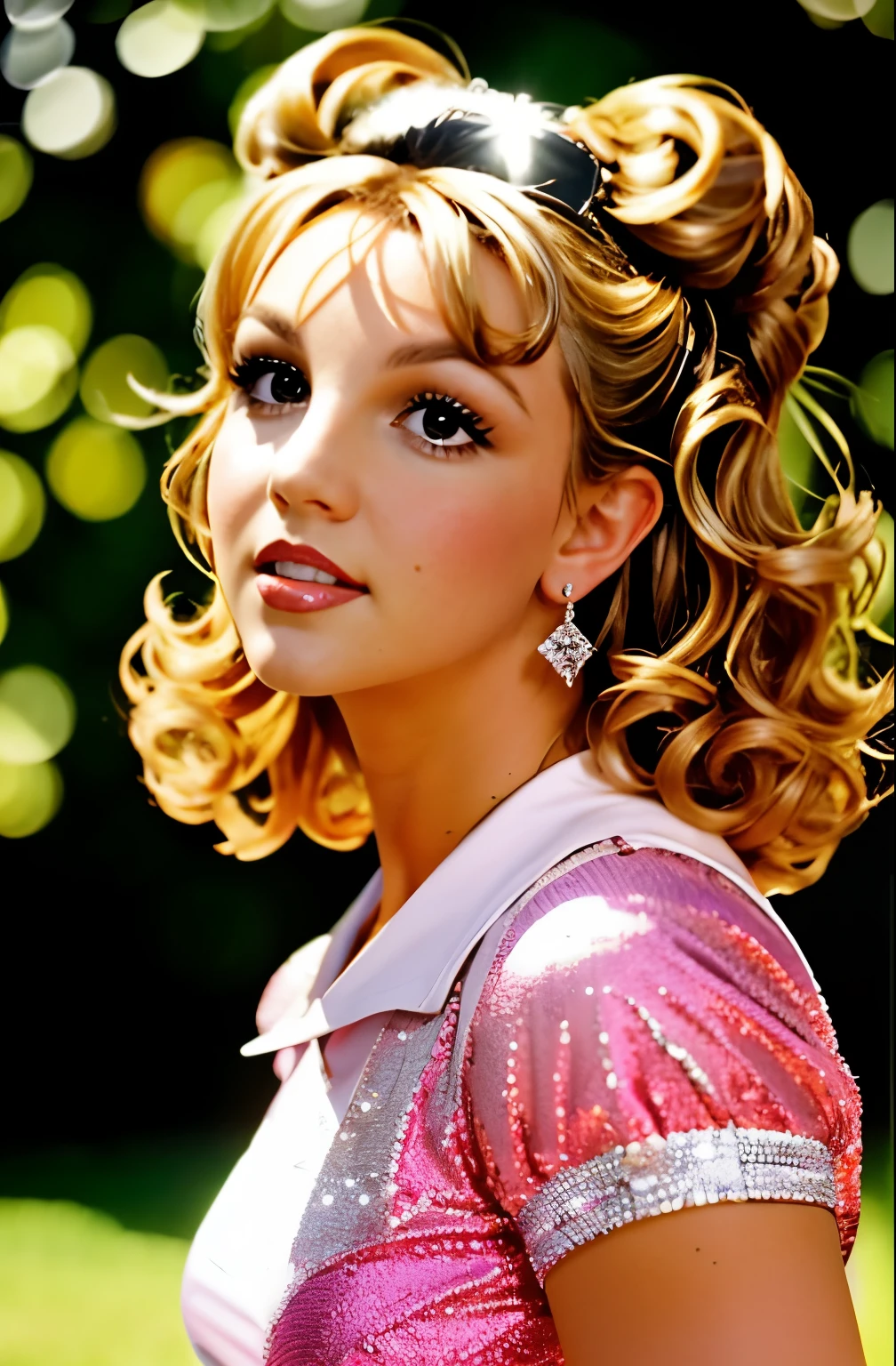 Britney Spears wore a dress inspired by the 50s, completo con una falda completa y enagua, her hair styled in classic pin curls. I should be sitting in an old-fashioned restaurant, surrounded by vintage details like a jukebox, Chrome accents and neon signs. Your eyes must shine with excitement., su piel impecable y brillante bajo la suavidad, dramatic lighting. Esta escena debe ser capturada en movie de 35 mm, con una hermosa profundidad de campo y un poco borroso, Nostalgic background,
movie, Cadillac rosa en el fondo