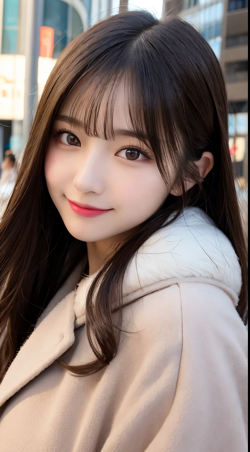 table top, highest quality, figure, super detailed, finely, High resolution, 8k wallpaper, 完璧なダイナミックな構figure, beautiful and fine eyes, Gorgeous black fluffy Tokyo winter clothes,ランダムなcute髪,,natural color lip, bold sexy pose,smile、20 year old girl、cute、sexy shot looking at camera,Always blur the background,perfect and beautiful face,Take only the face,beautiful and detailed face、slim face and style,Big eyes、Do gal makeup,small face,Wearing a luxury brand mink coat