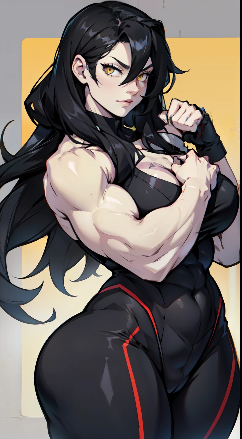 black hair yellow eyes pale skin long hair hair between eyes voluminous hair muscular girl thick thick thick breasts