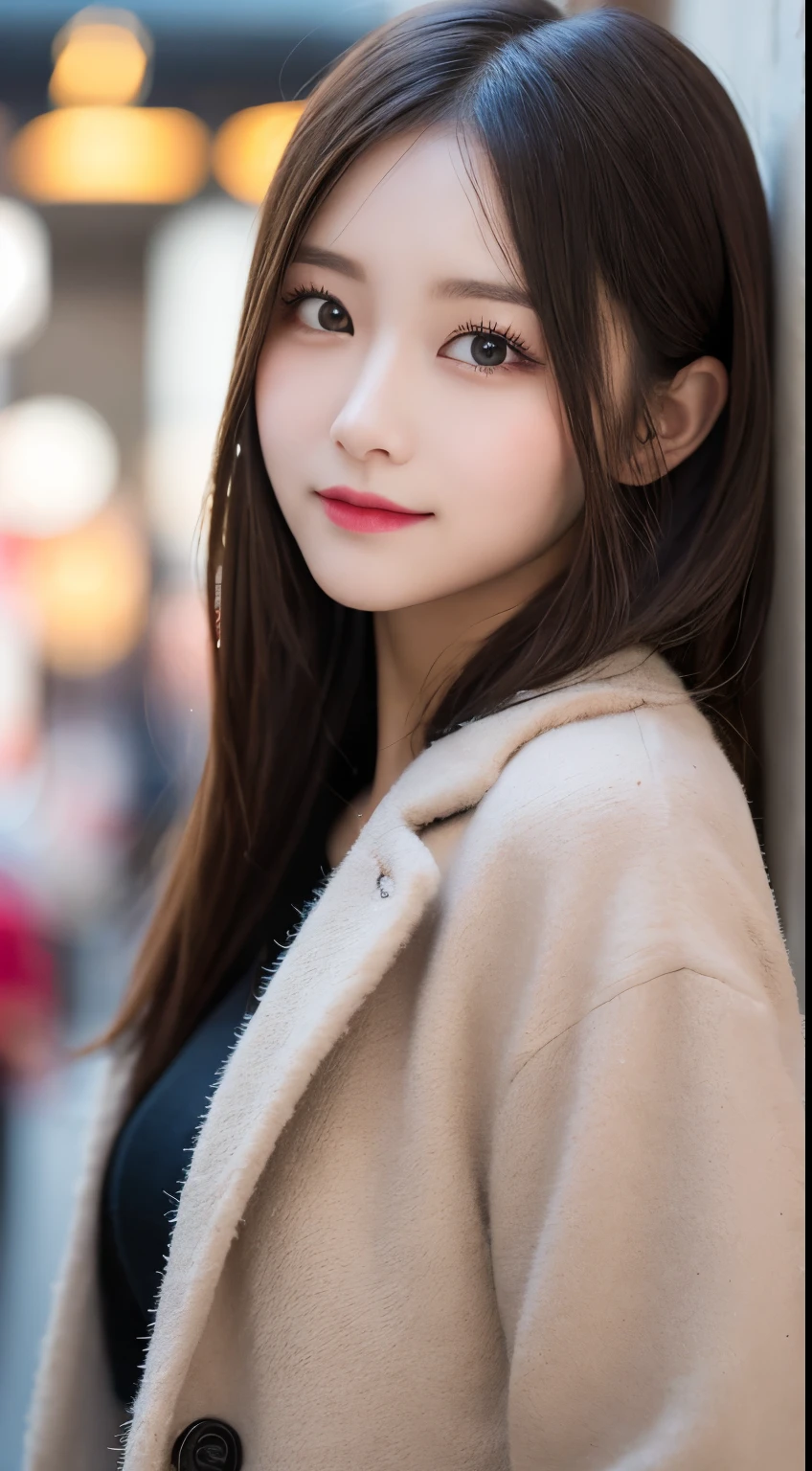 table top, highest quality, figure, super detailed, finely, High resolution, 8k wallpaper, 完璧なダイナミックな構figure, beautiful and fine eyes, Gorgeous black fluffy Tokyo winter clothes,ランダムなcute髪,,natural color lip, bold sexy pose,smile、20 year old girl、cute、sexy shot looking at camera,Always blur the background,perfect and beautiful face,Take only the face,beautiful and detailed face、slim face and style,Big eyes、Do gal makeup,small face,Wearing a luxury brand mink coat