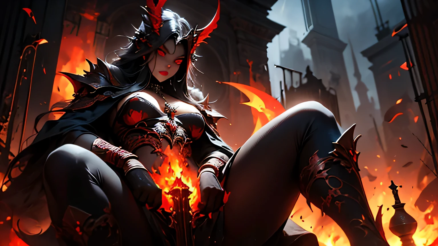 Wallpaper 4k, HD, demon queen sitting on a throne, blood, fire, assassin face, illustration