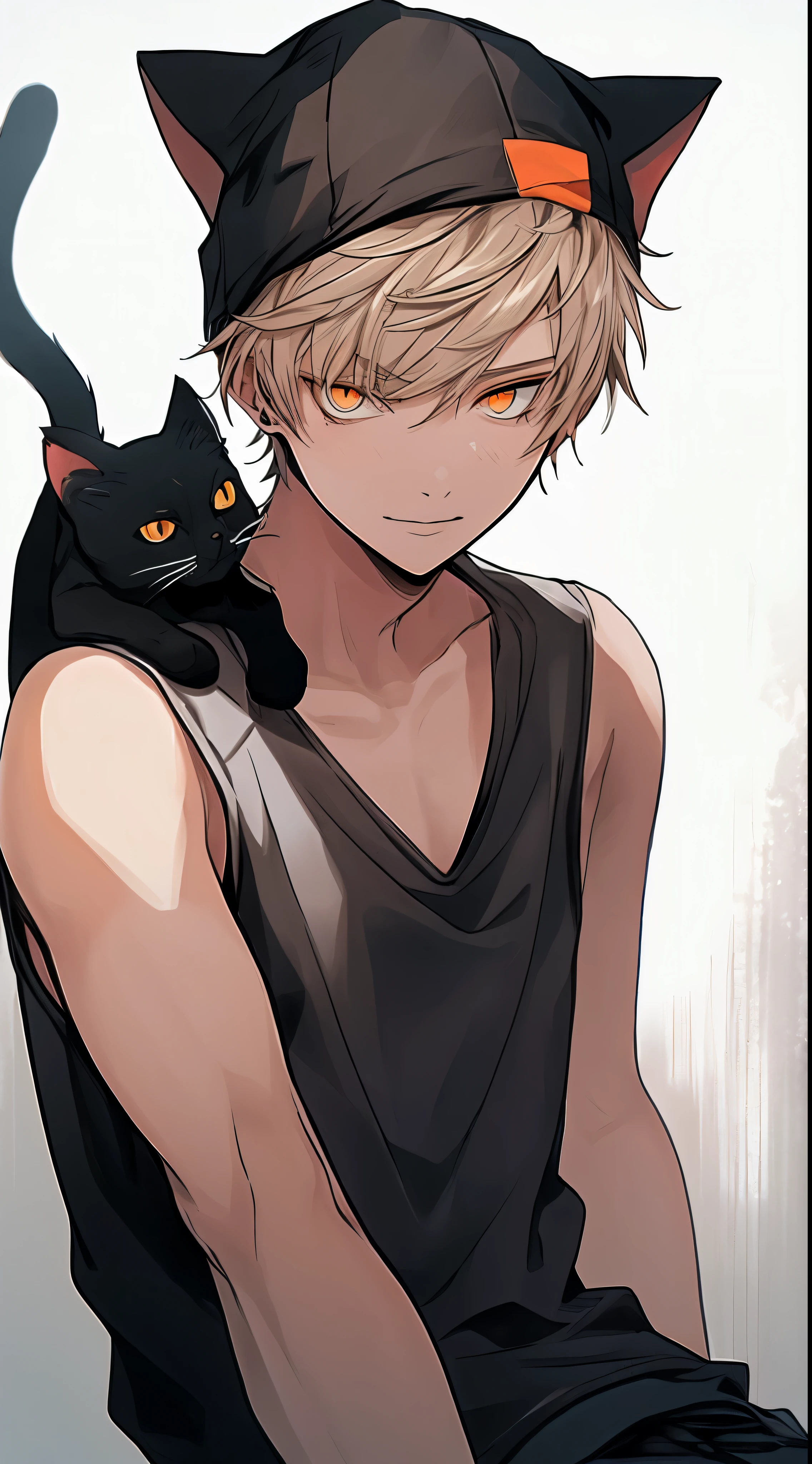 beautiful young man, blonde, short hair, orange eyes, black tank top, cool eyes, long term , biceps, carrying a black cat on your shoulder, 