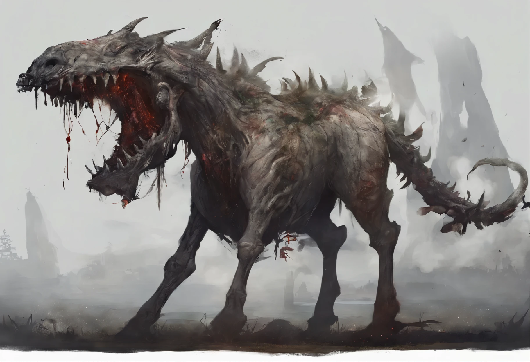 massive monster horse, 4 legs, Long neck, giraffe neck, having very big mouth full of long teeth, 13 meters height, wale vibe, mob, scarry creature, 4k, detailed painting, easy enemy, painting style, ugly monster, awful, horror monster, paint artifacts, screaming, evil face, no landscape, night, horror mob, terrify art, digital art style, double mouth, white skin