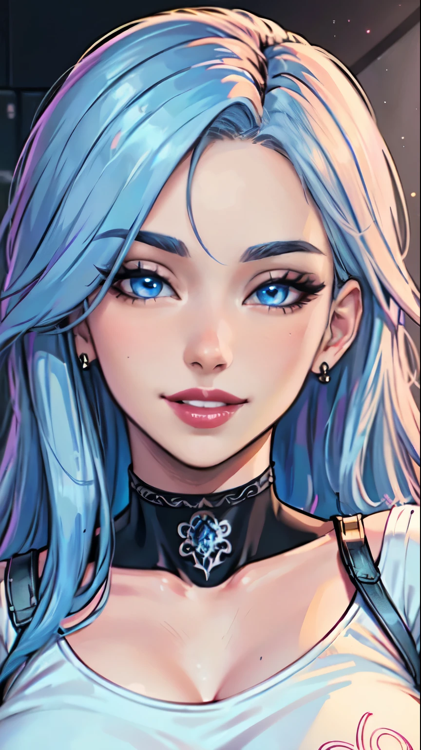 Masterpiece, raw, beautiful art, professional artist, 8k, art style by sciamano240, very detailed face, very detailed hair, 1 mature woman, perfectly drawn body, beautiful face, long hair, light blue hair , very detailed blue eyes, kissy lips , rosey cheeks, intricate details in eyes, playful smile, looking directly at viewer , in love with viewer expression, black chocker, lipstick, very close up on face, studio setting, wearing tight t shirt, hand behind head,