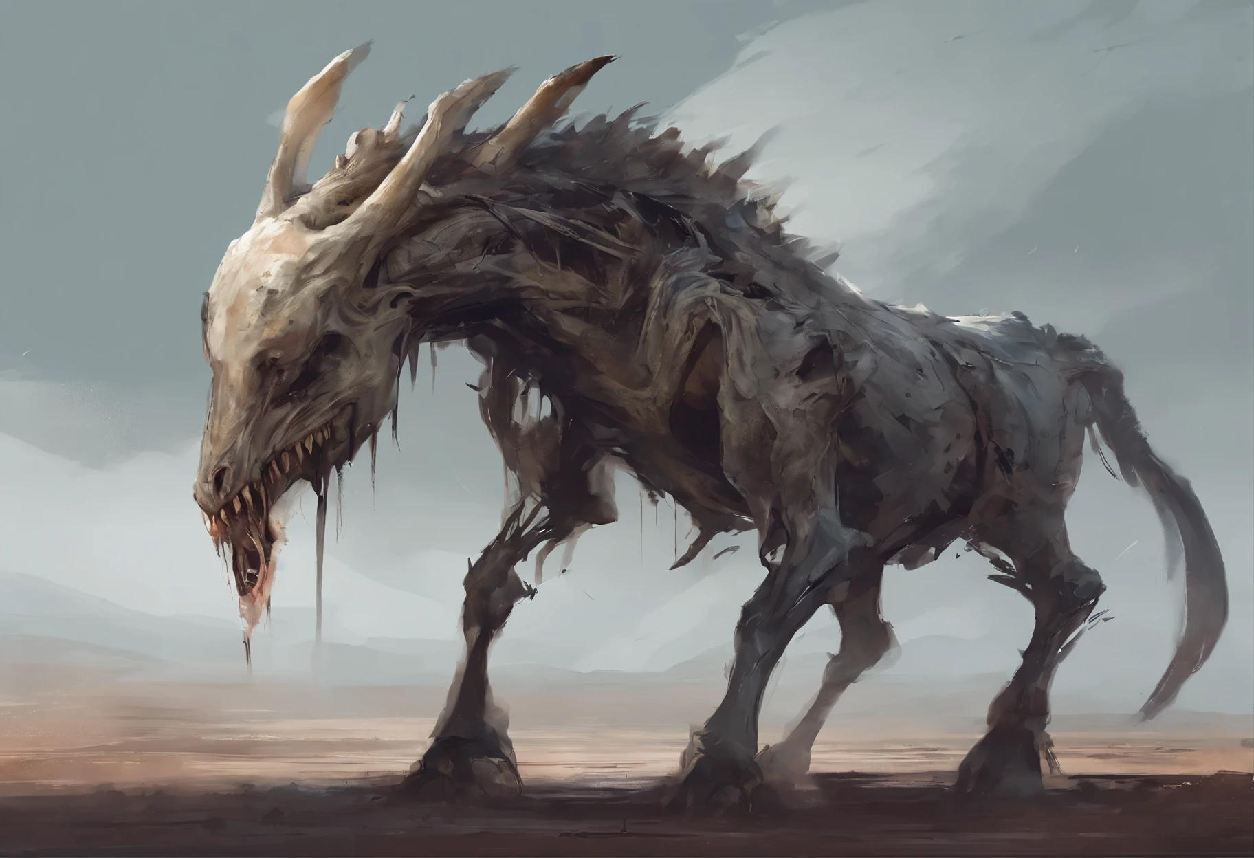 massive monster horse, 4 legs, Long neck, giraffe neck, having very big mouth full of long teeth, 13 meters height, wale vibe, mob, scarry creature, 4k, detailed painting, easy enemy, painting style, ugly monster, awful, horror monster, paint artifacts, screaming, evil face, no landscape, night, horror mob, terrify art, digital art style, double mouth, white skin
