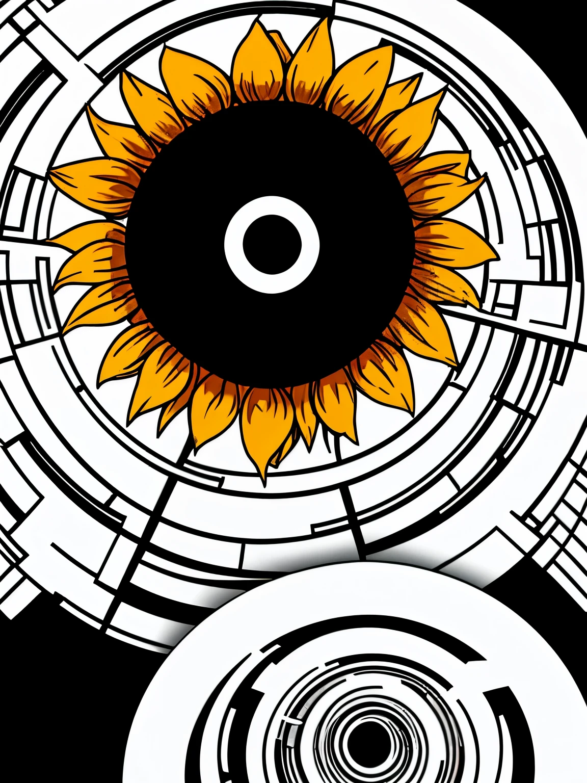 A sunflower plant and in the background, circular optical illusions, black and white, optical illusions, an illusion in the form of circles that fool the eye. 