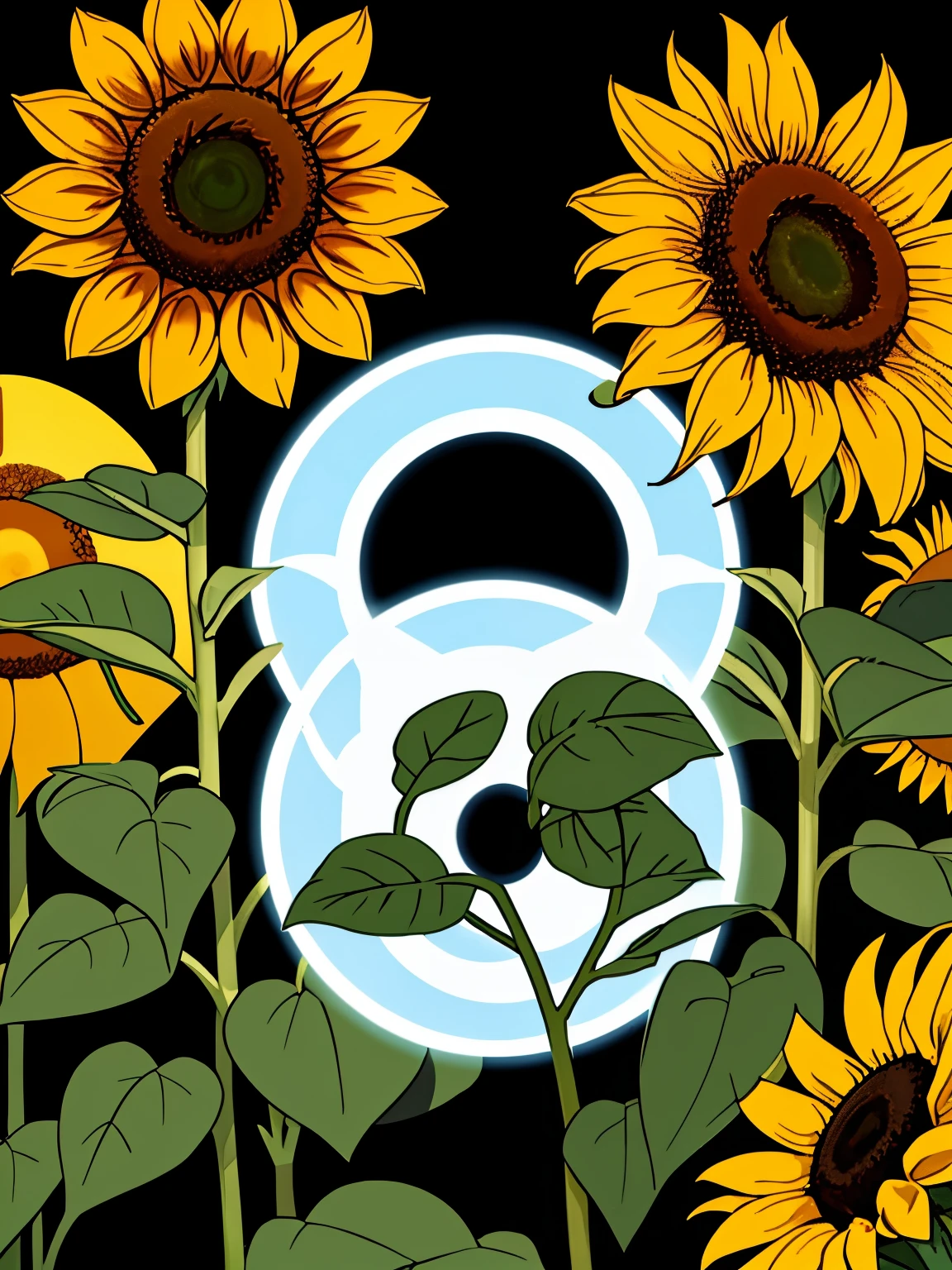 A sunflower plant and in the background, circular optical illusions, black and white, optical illusions, an illusion in the form of circles that fool the eye. 