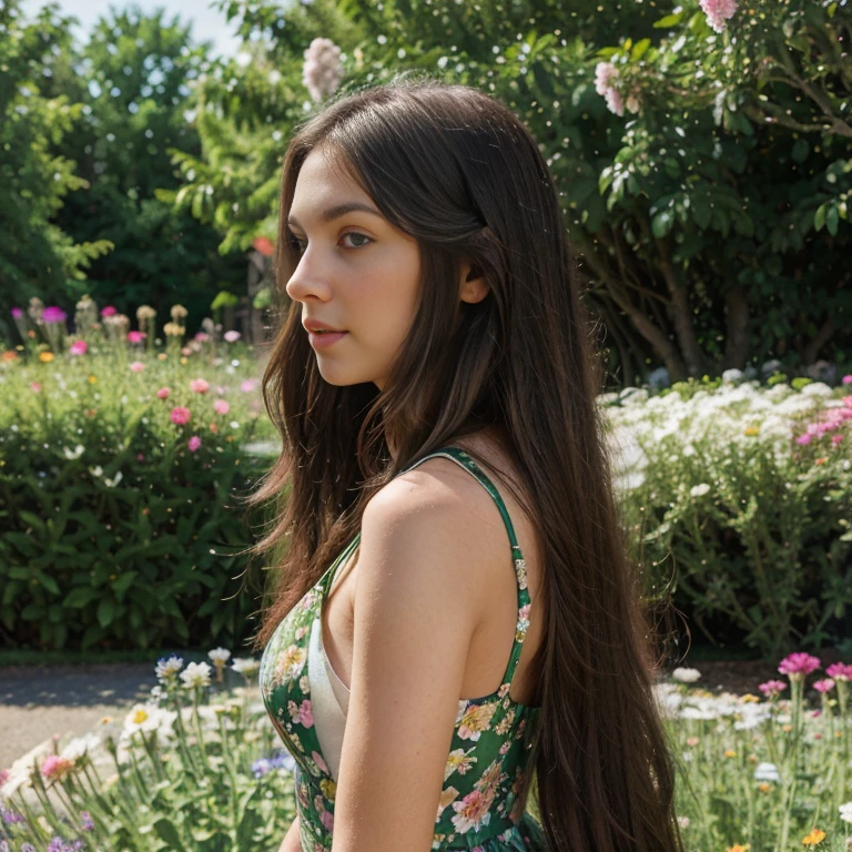 Brunette long hair, black long hair, emerald green eyes, big green eyes, cute nose, sexy lips, perfect face shape, 25 years old model, in a summer dress with a floral pattern, in a yard full of flowers in different colors, smelling from a flower, the image is taken from the profile