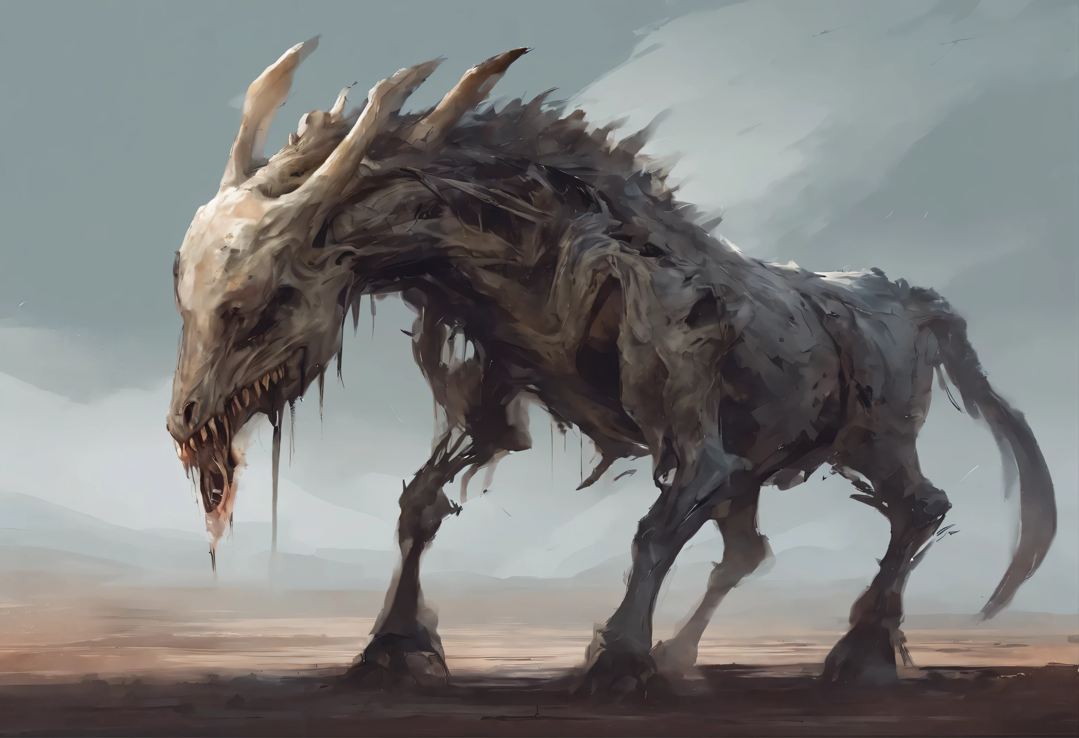 massive monster horse, 4 legs, Long neck, giraffe neck, having very big mouth full of long teeth, 13 meters height, wale vibe, mob, scarry creature, 4k, detailed painting, easy enemy, painting style, ugly monster, awful, horror monster, paint artifacts, screaming, evil face, no landscape, night, horror mob, terrify art, digital art style, double mouth, white skin