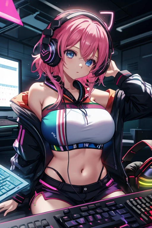 rgb, anime, woman, keyboard, gamer, midriff, bandeau, huge breasts, headphones, fcHeatPortrait