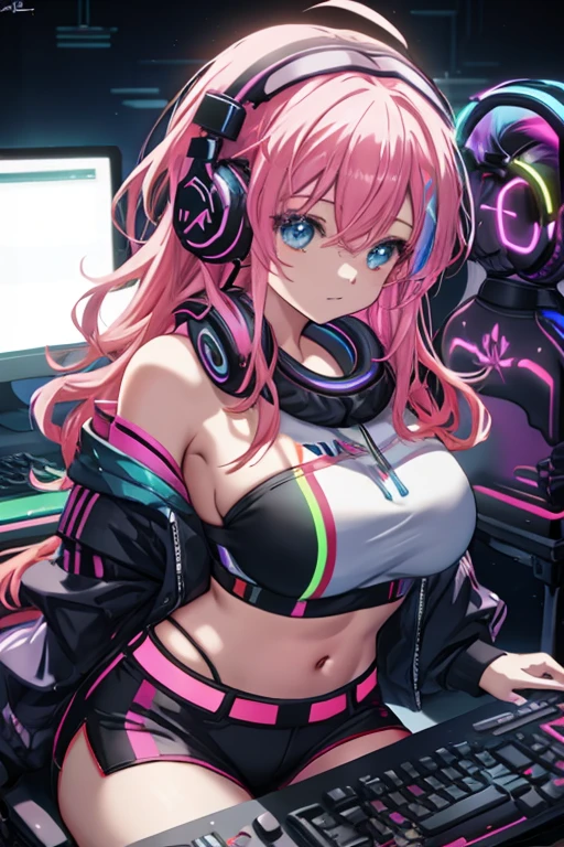 rgb, anime, woman, keyboard, gamer, midriff, bandeau, huge breasts, headphones, fcHeatPortrait
