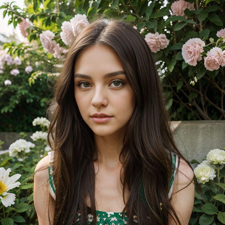 Brunette long hair, black long hair, emerald green eyes, big green eyes, cute nose, sexy lips, perfect face shape, 25 years old model, in a summer dress with a floral pattern, in a yard full of flowers in different colors, smelling from a flower,