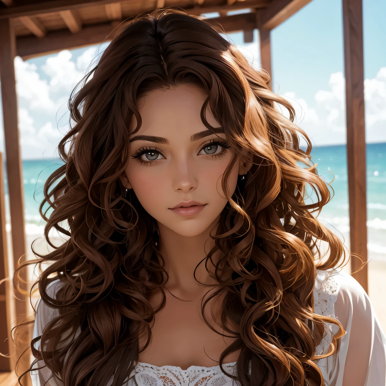 Woman head with long curly hair, partido de lado, 29 anos.