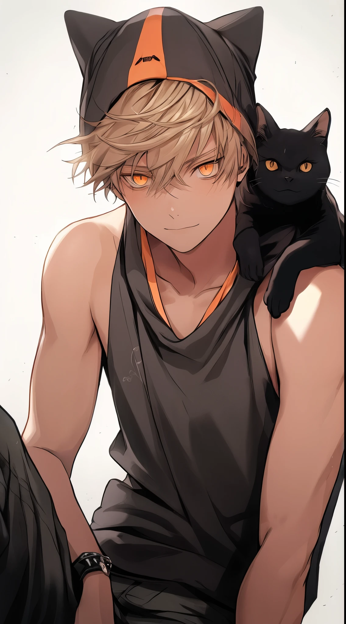 Beautiful young man, blonde, short hair, orange eyes, Black tank top, cool eyes, long eyes , biceps, put a black cat on your shoulder,