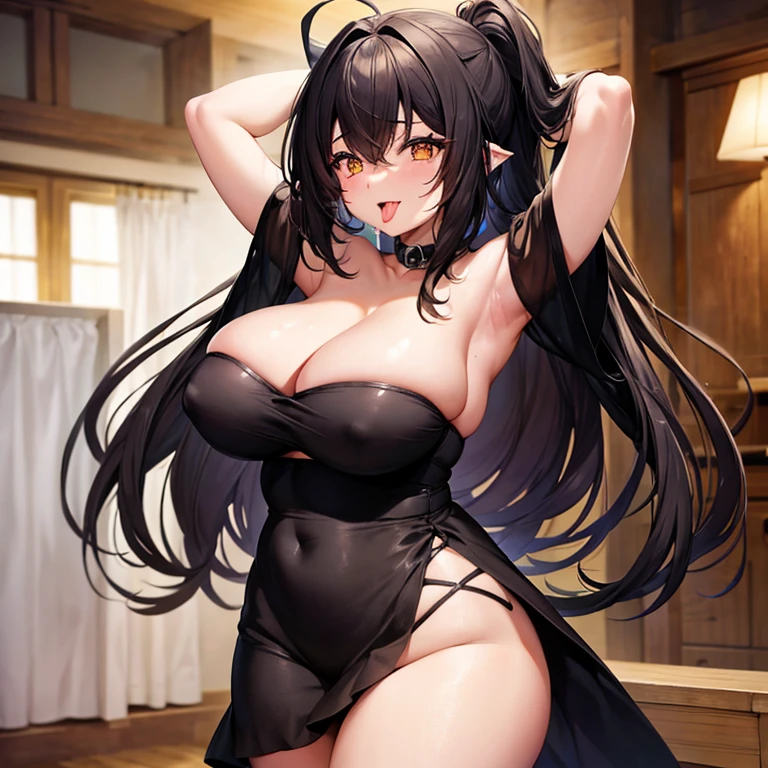 chica anime cabello negro, Big , cum and armpits, tongue, eyes green.