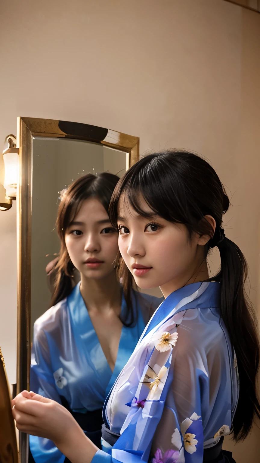 NSFW、最high quality、high quality、best image quality、8K、最High resolution、High resolution、最high quality、masterpiece、realistic pictures、RAW photo、realistic atmosphere、(detailed face)、(fine hands、thumb１reference４)、(beauty of japan )、very nice face、cute face、((beautiful japanese girl))、(woman), ((18 year old beautiful girl))、(glossy black hair)、(straight long hair)、(ponytail)、whole body、slim style、(shiny skin)、(Fair skin, Glossy skin)、real human skin、realistic human body structure、perfect body， perfect face， perfect hands， perfect fingers， perfect lips， perfect eyes，perfect teeth、perfect background， perfect atmosphere， soft natural light、samurai kimono、maiko kimono、servant、geisha kimono、japanese kimono、Furisode、kimono、Yukata、japanese traditional、((There is a very large mirror in the room.))、((The girl in front of the mirror and the girl on the other side of the mirror are identical twins..))、((There is an invisible wall between the twin girls.))、((Twin girls facing each other through the mirror.))、((twin girls look the same(The same face、Same hairstyle、Same body type、Dress the same、Same pose))、((Twin girls are playing and imitating each other))、((colorful transparent see-through(flowery kimono、Hakama with side slits))、Angle from diagonally behind