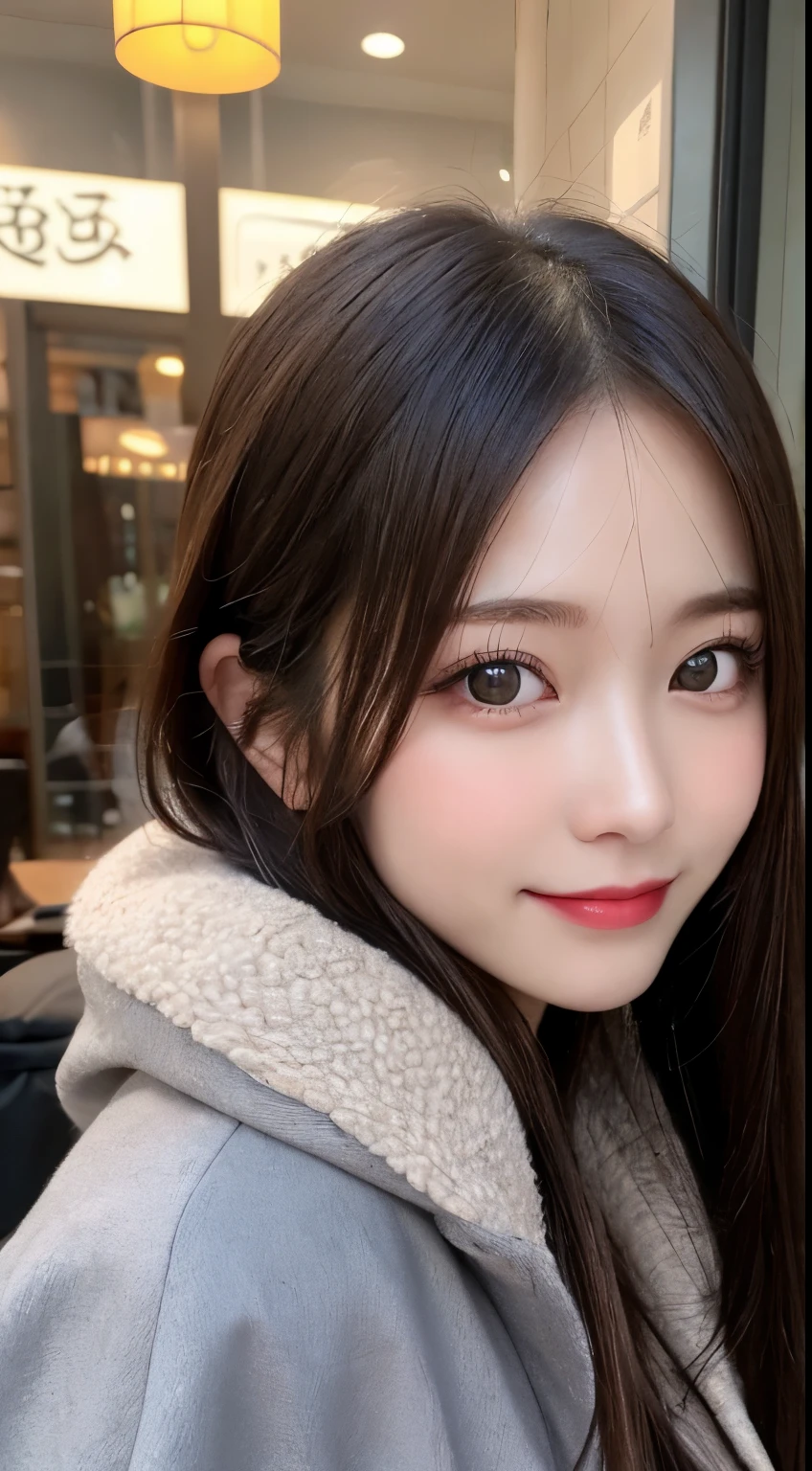 table top, highest quality, shape, Super detailed, finely, High resolution, 8k wallpaper, 完璧なダイナミックな構shape, beautiful and detailed eyes, Gorgeous black fluffy Tokyo winter clothes,ランダムなcute髪,,natural color lip, bold sexy pose,smile、20 year old girl、cute、sexy shot looking at camera,Always blur the background,perfect and beautiful face,Take only the face,beautiful and detailed face、slim face and style,Big eyes、Do gal makeup,small face,Wearing a luxury brand mink coat