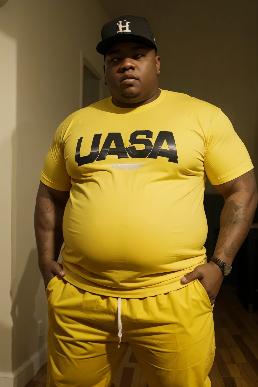 crie um gangster, he is black and fat, usa roupa amarela e um chapeu pequeno e amarelo