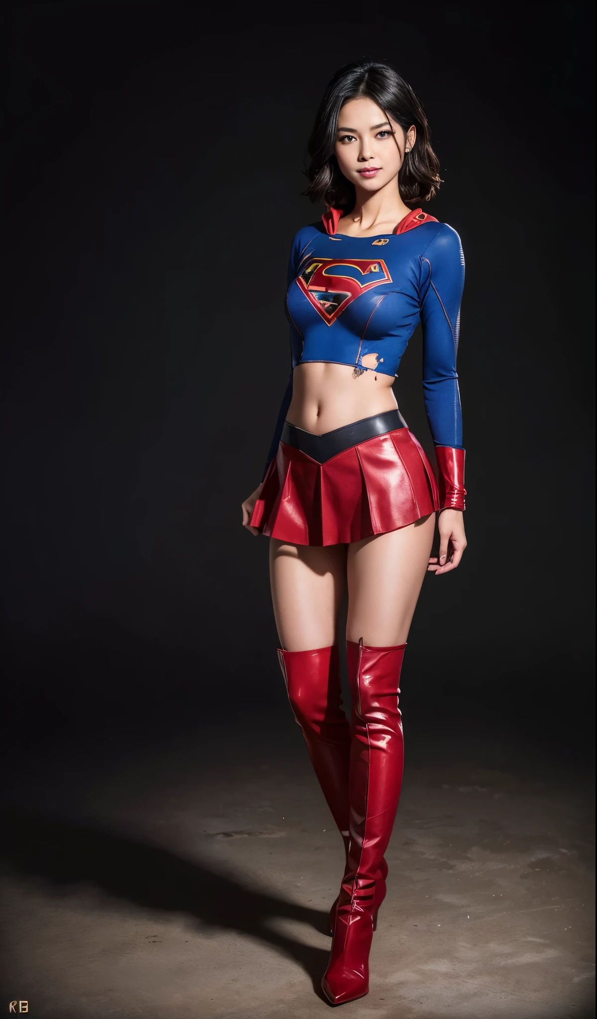 no background、short hair、supergirl costume、Snug costume、(((stretch your legs、tall、Legally express the beauty of your smile)))、((((Get the most out of your original images)))、(((supergirl costume、torn、Tattered、being destroyed)))、(((beautiful hair)))、(((I'm in pain)))、(((Legs must be worn with black tights)))、(((must wear red boots、being destroyed)))、((Highest image quality、8K))、((highest quality、8K、masterpiece:1.3))、(((keep background )))、clear focus:1.2、beautiful woman with perfect figure:1.4、Full of scars、bloody、full of blood、slender abs:1.2、wet body:1.5、Highly detailed face and skin texture、8K