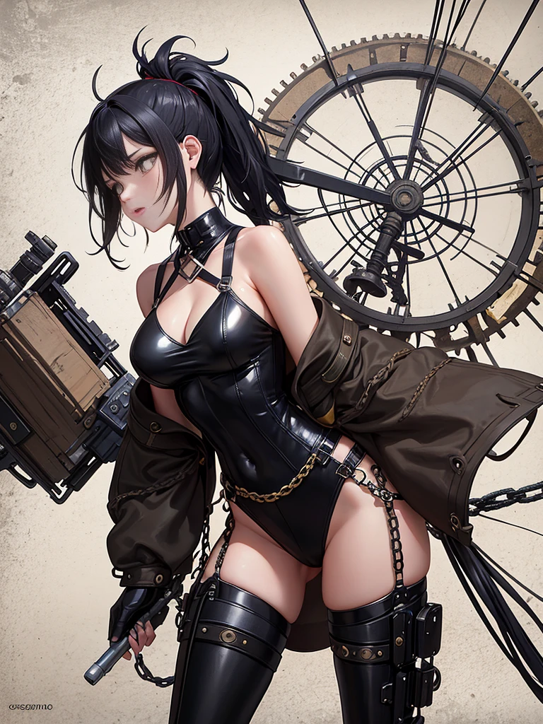 Neo-Surrealism, _Steampunk Girl Swinging_, boundary-pushing fusion of dreamlike abstraction and mechanical detail, _heavy chains binding_, _bold dark lines intertwining_ _loose lines revolving around_, a _dramatic turnaround character sheet_, an _obese mechanic_, _steampunk world's denizen_, _meticulously crafted gears jutting out_, _worn work clothes covering expansive figure_.