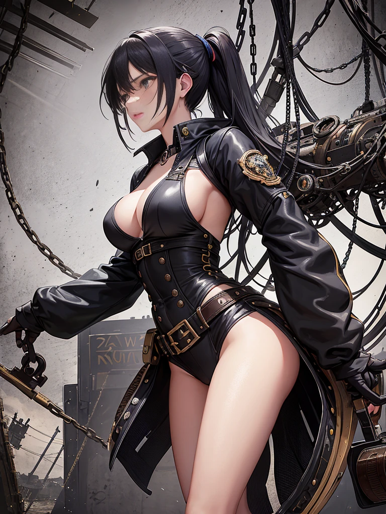 Neo-Surrealism, _Steampunk Girl Swinging_, boundary-pushing fusion of dreamlike abstraction and mechanical detail, _heavy chains binding_, _bold dark lines intertwining_ _loose lines revolving around_, a _dramatic turnaround character sheet_, an _obese mechanic_, _steampunk world's denizen_, _meticulously crafted gears jutting out_, _worn work clothes covering expansive figure_.