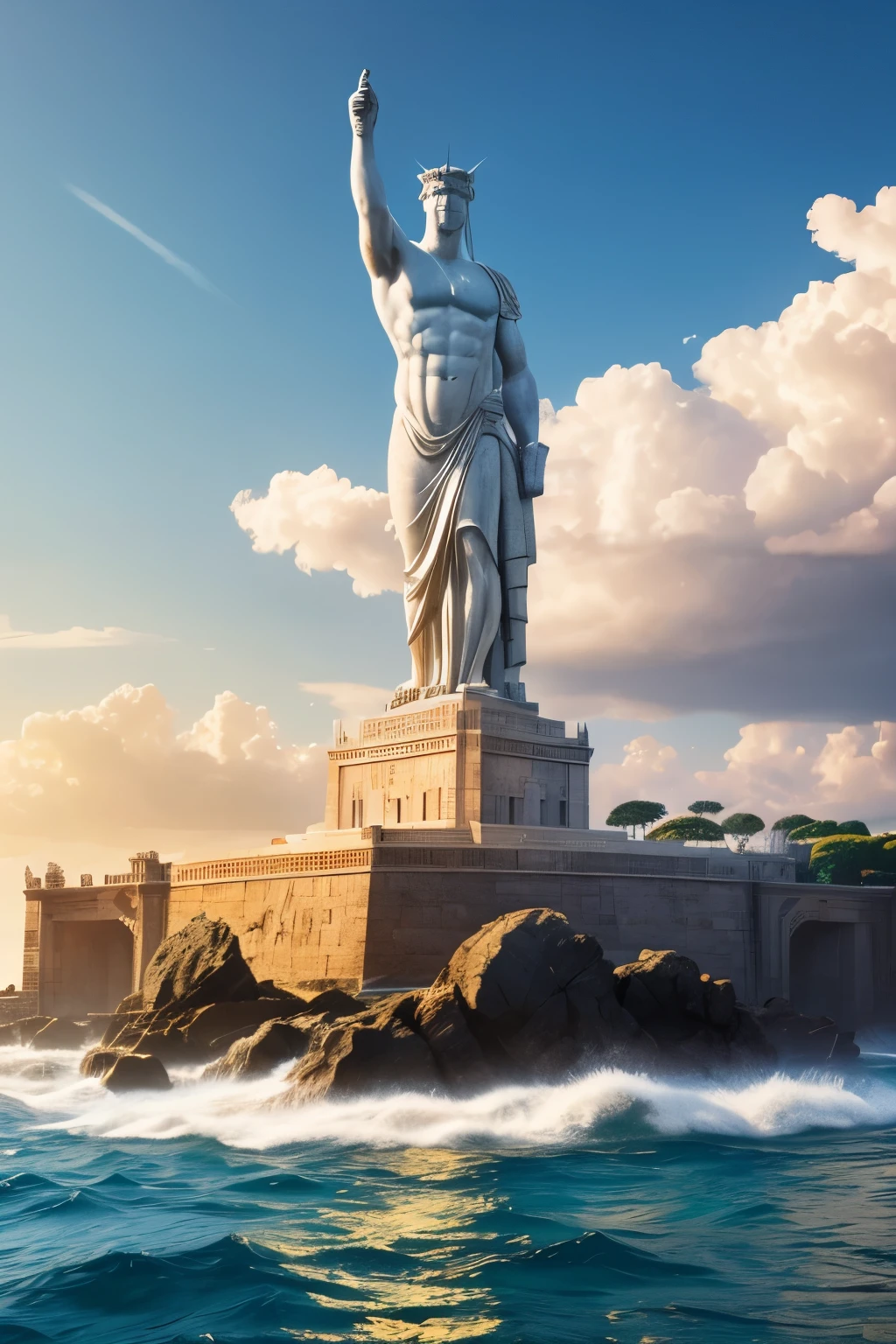 Colossus of Rhodes, one of the Seven Wonders of the Ancient World, stands majestically by the seashore. The sun casts a golden glow on its ancient structure as the clouds in the sky scatter light intermittently. The realistic depiction of the Colossus revealing its intricate details brings a sense of awe-inspiring grandeur. From a distance, the shimmering sea mirrors the magnificent monument, while the vastness of the ocean and the fluffy white clouds add depth and dimension to the scene. This breathtaking view is captured in a high-quality image with stunning realism, showcasing every minute detail of the Colossus in its all-encompass