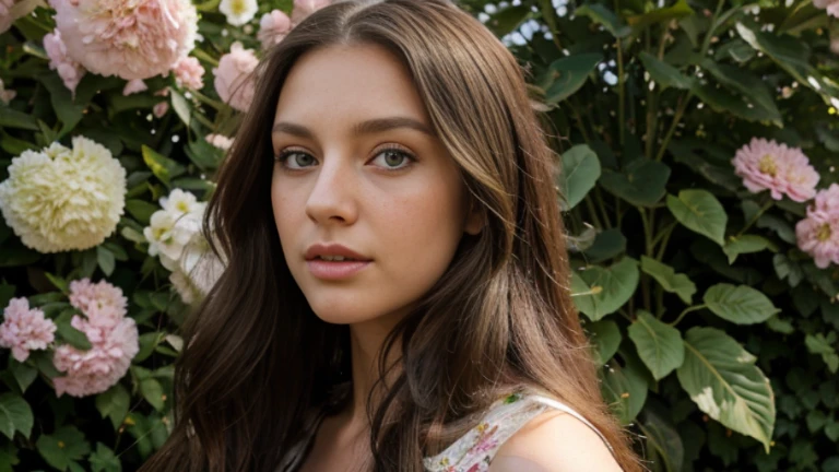 Brunette long hair, black long hair, emerald green eyes, big green eyes, cute nose, sexy lips, perfect face shape, 25 years old model, in a summer dress with a floral pattern, in a yard full of flowers in different colors, smelling a flower, profile picture 