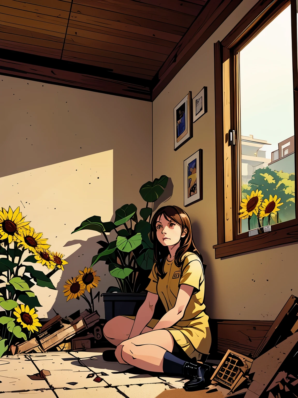 A sad, frightened girl sitting in a room surrounded by the rubble of the house from the effects of bombing and missiles, and on the ground there is a sunflower garden.