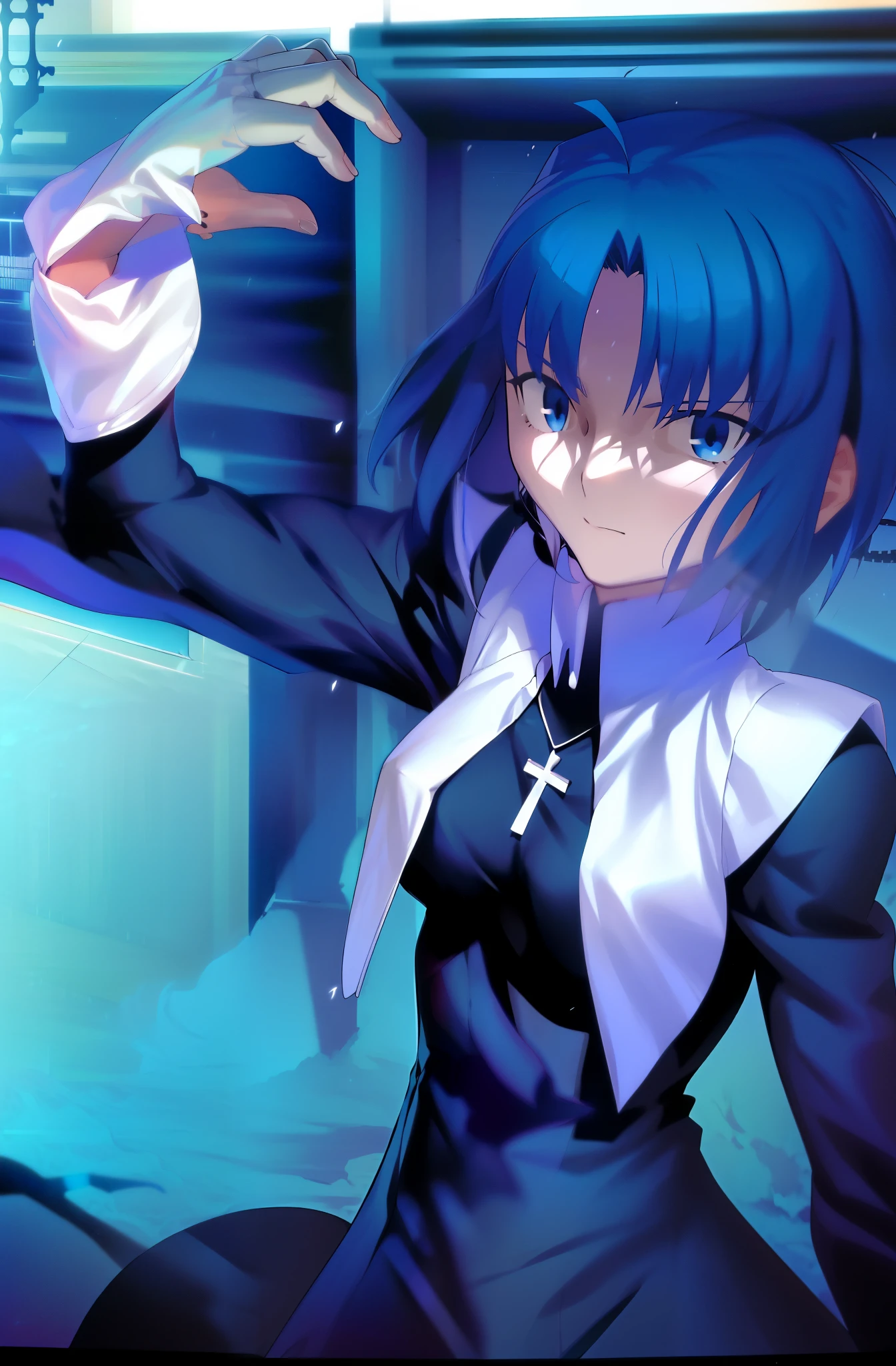 Takeuchi Takahashi, (best quality, 4k, 8k, highres,m asterpiece:1.2), (ultra-detailed:1.6), slender figure, (soft, delicate features:1.1), (vivid colors), ciel_(tsukihime), (sleeve:1.6), (black dress:1.5), (nun:1.5), room background
