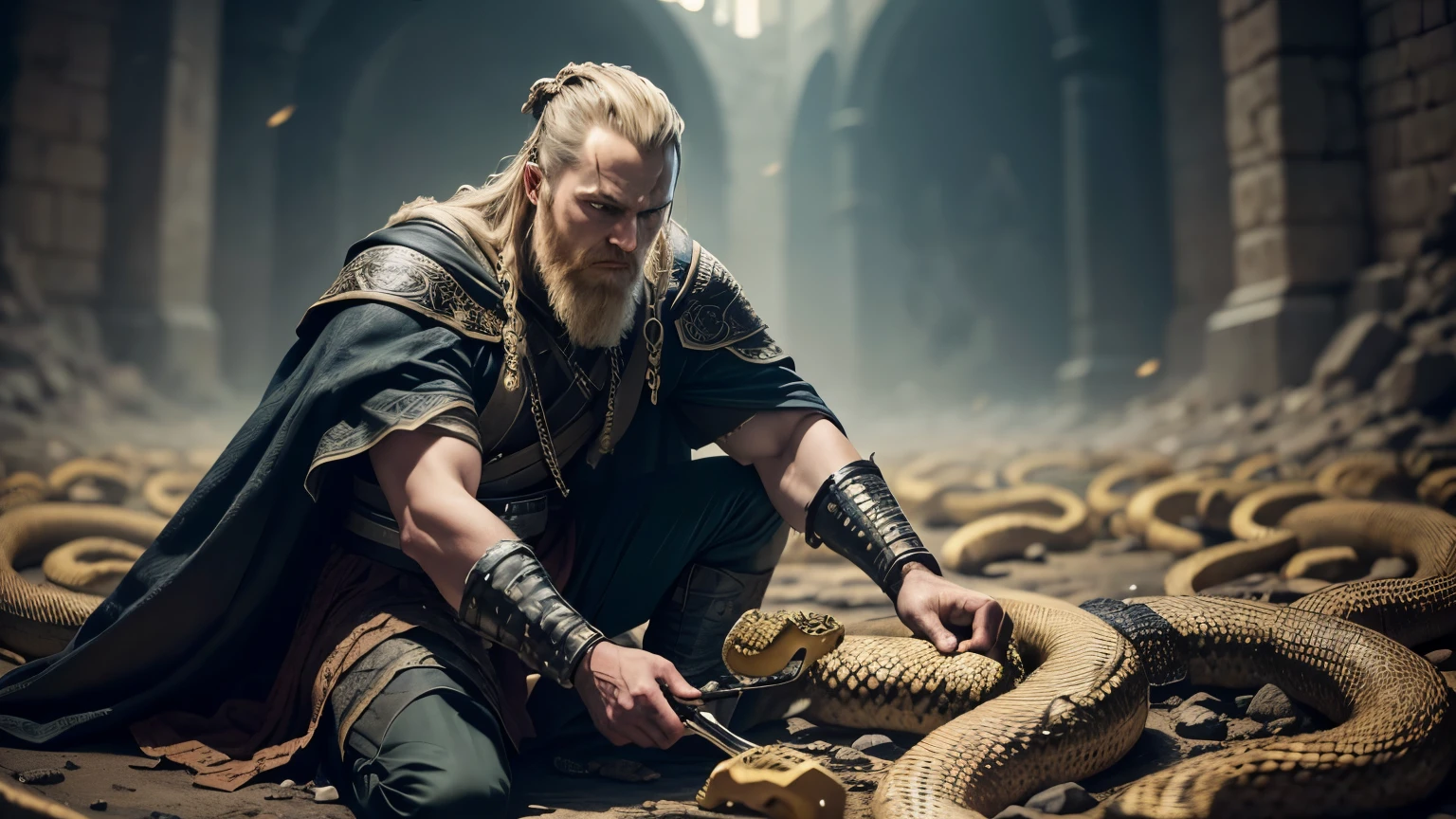 In the depths of the pit, King Ragnar Lothbrok fights for his life against a swarm of poisonous snakes. His once regal attire is now in tatters, a symbol of his fierce battle. The snakes coil and strike, their venomous fangs glinting in the dim light.