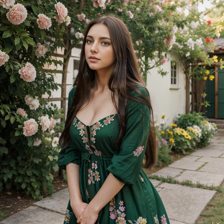 Brunette long hair, black long hair, emerald green eyes, big green eyes, cute nose, sexy lips, perfect face shape, 25 years old model, in a summer dress with a floral pattern, in a yard full of flowers in different colors, smelling a flower,bend down to smell a flower