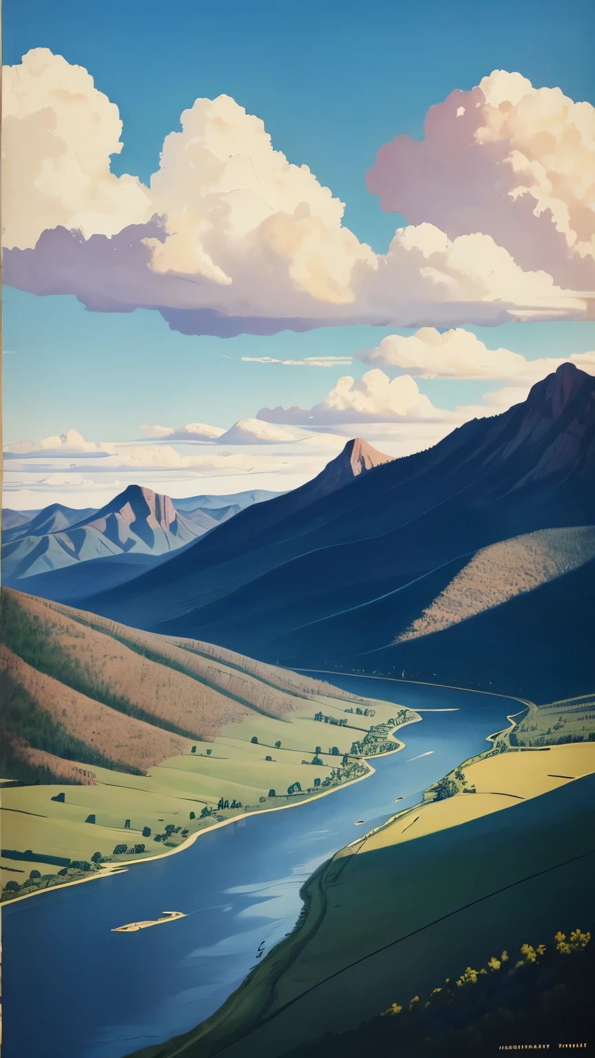 1940s poster, artwork, simple art, small oklahoma mountains in distance, blue sky, light clouds, beautiful landscape