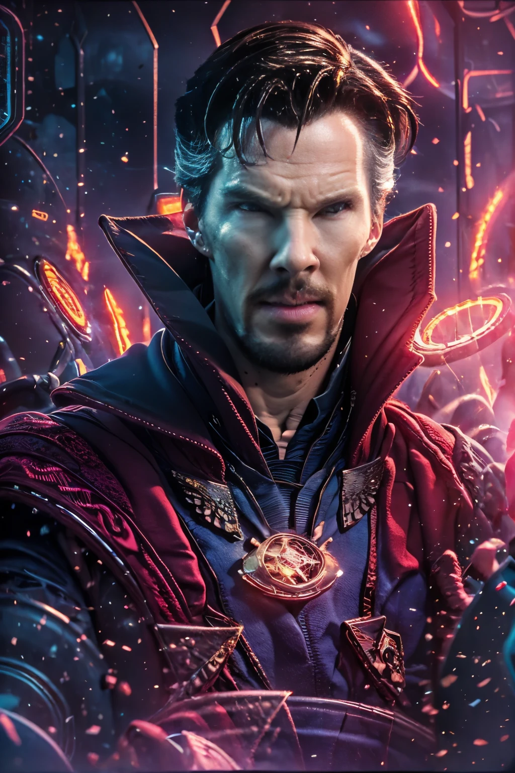 Marvel version of Doctor Strange portrait，（（Hang the ring on your finger：1.3）），（Benedict Cumberbatch：1.8）full-body portraits，Fighting posture，Vicious eyes，com rosto detalhado，Slightly vicissitudes， Award-winning photo、Bokeh、, surrealism, Cinematic lighting, shadowing, High details, High quality, Award-Awarded, background neon