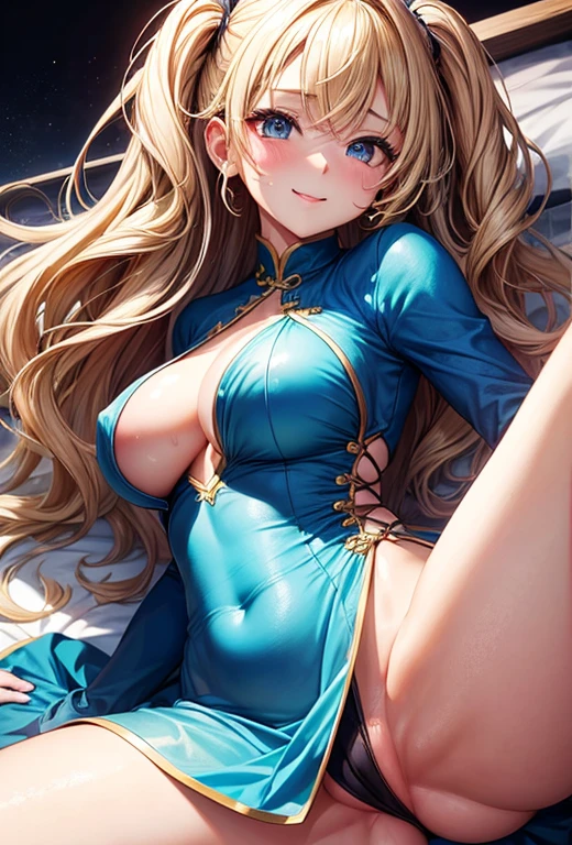 1 girl,highest quality,super high quality,highest quality,anime characters,beautiful eyes,Detailed contours,big breasts,China dress,spread your legs,messy hair,From the side down,sweat all over,blonde,smile,Her pussy is fully visible,spread your legs,underboob,Raise one leg,my nipples are erect,Don't show your nipples,Belly exposure,