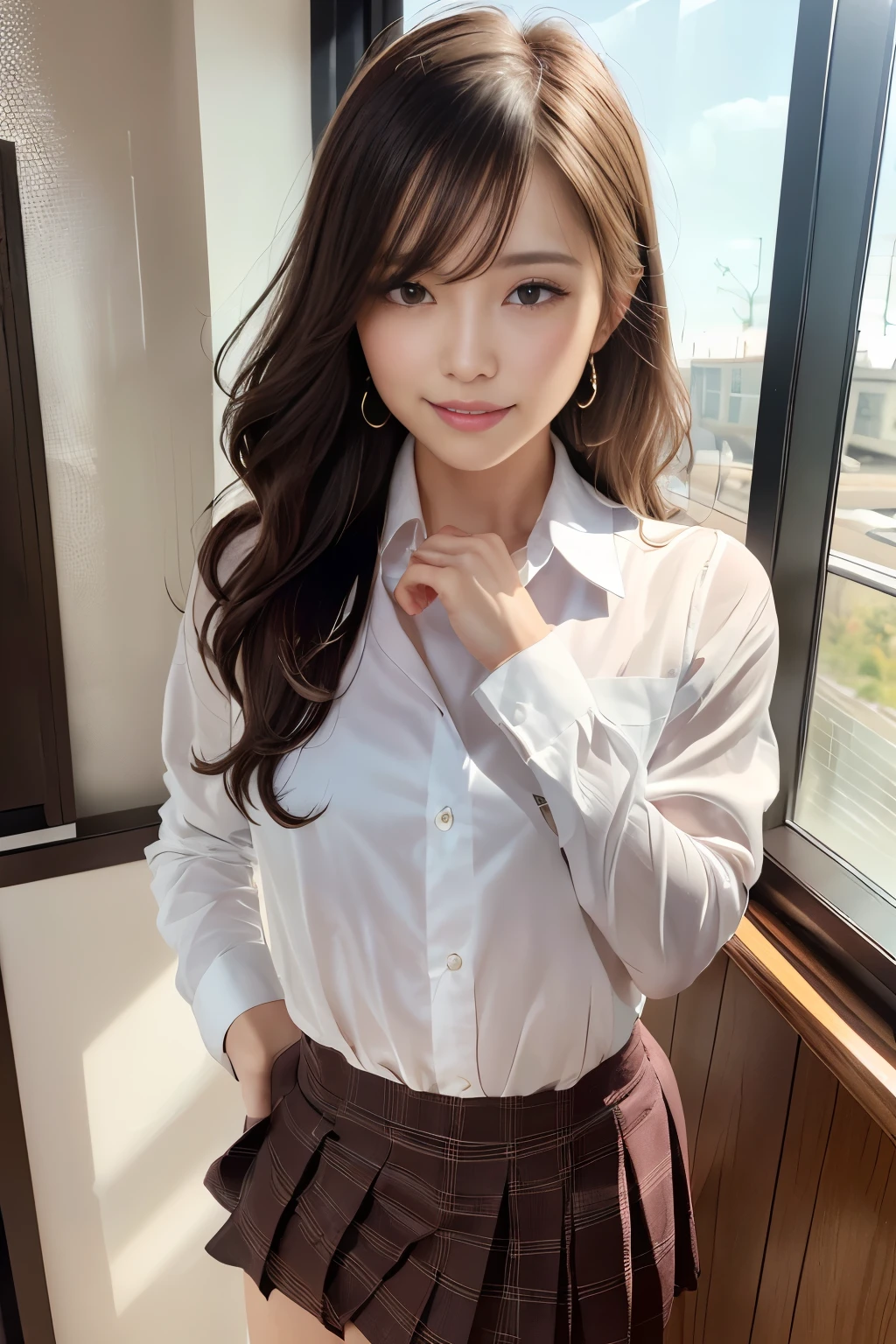 (masterpiece:1.3), High resolution, Super detailed, Highly detailed CG Unity 8K wallpaper, realistic, photo-realistic, RAW photo, beautiful detailed face, white skin, realistic glistening skin, fine cloth texture, detailed hair texture, perfect body, beautiful face, Accurate, anatomically correct, Highly detailed face and skin texture, natural neck length, (beautiful hands), (Fair skin:1.2), thin legs, thin legs, wet body,
break,
fine eyes, symmetrical eyes, light brown eyes, double eyelid, thin eyebrows, (glossy lips:1.4),
break,
(very cute girl:1.3), (wear a button up shirt:1.2), (pleated skirt:1.2), (Wear a formal jacket:1.2), medium breasts:0.5, (firm chest, well-shaped chest, slender body shape:1.1), toned abdominal muscles, (shy smile:1.3), (blush:1.1), (dark brown hair, wavy hair, medium long hair:1.2), ((flowing bangs:1.2)),
break,
((Standing by the window in a seductive pose:1.3)), (In a stylish office in Japan), (cowboy shot:1.2), looking at the viewer, Distance from bottom:0.65, (Sunset view),