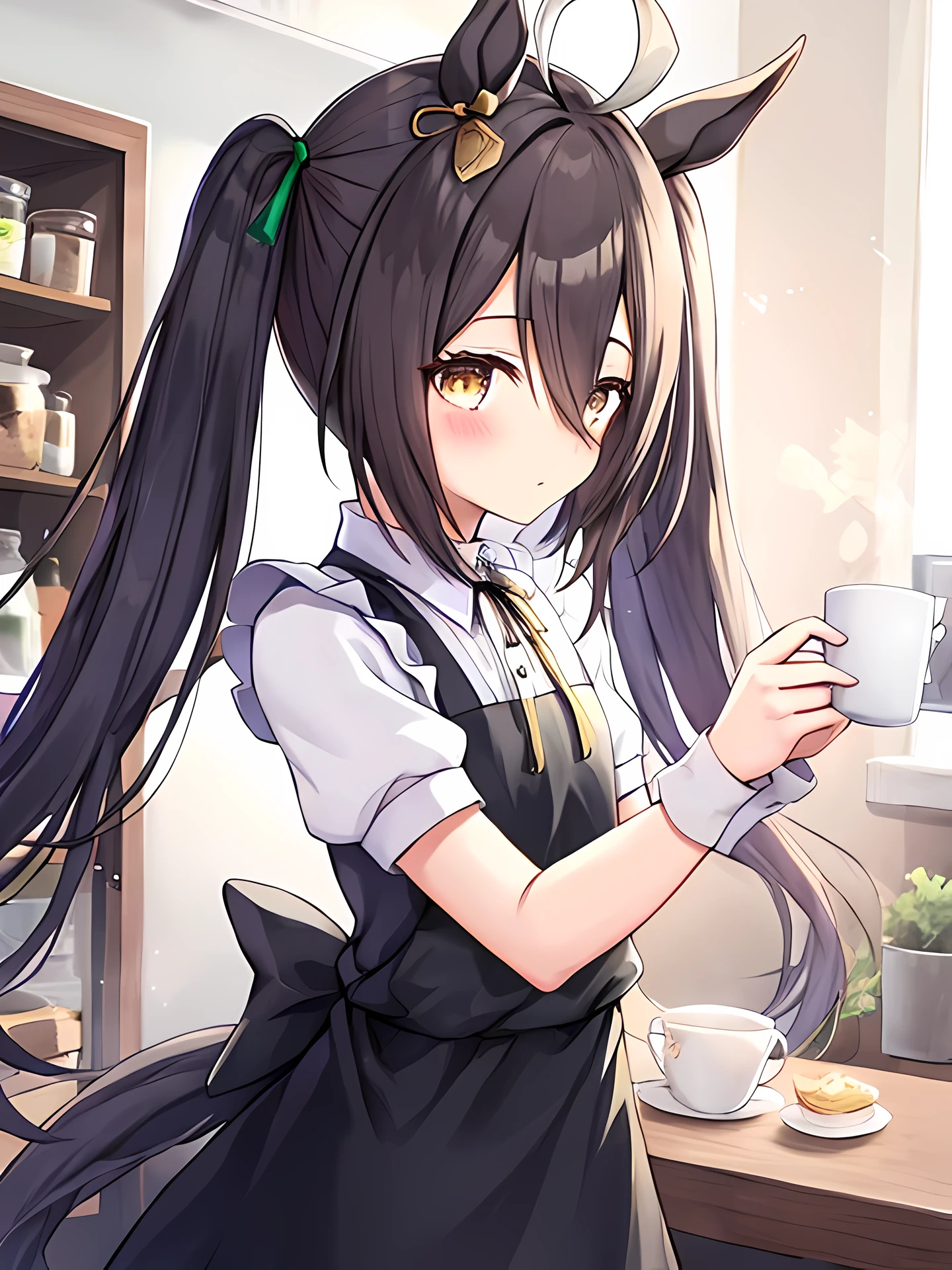 (manhattan cafe\(umamusume\)), Ahoge, gold eyes, blush, twin tails, maid dress, black dress, white apron, Very slender girl 